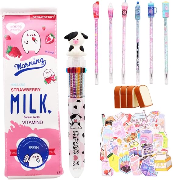 Primo Lines 67 Pieces Kawaii School Supplies Stationary Set - Milk Carton Pencil Case, Toast Bread Eraser, Milk Carton Stickers, Kawaii Pens