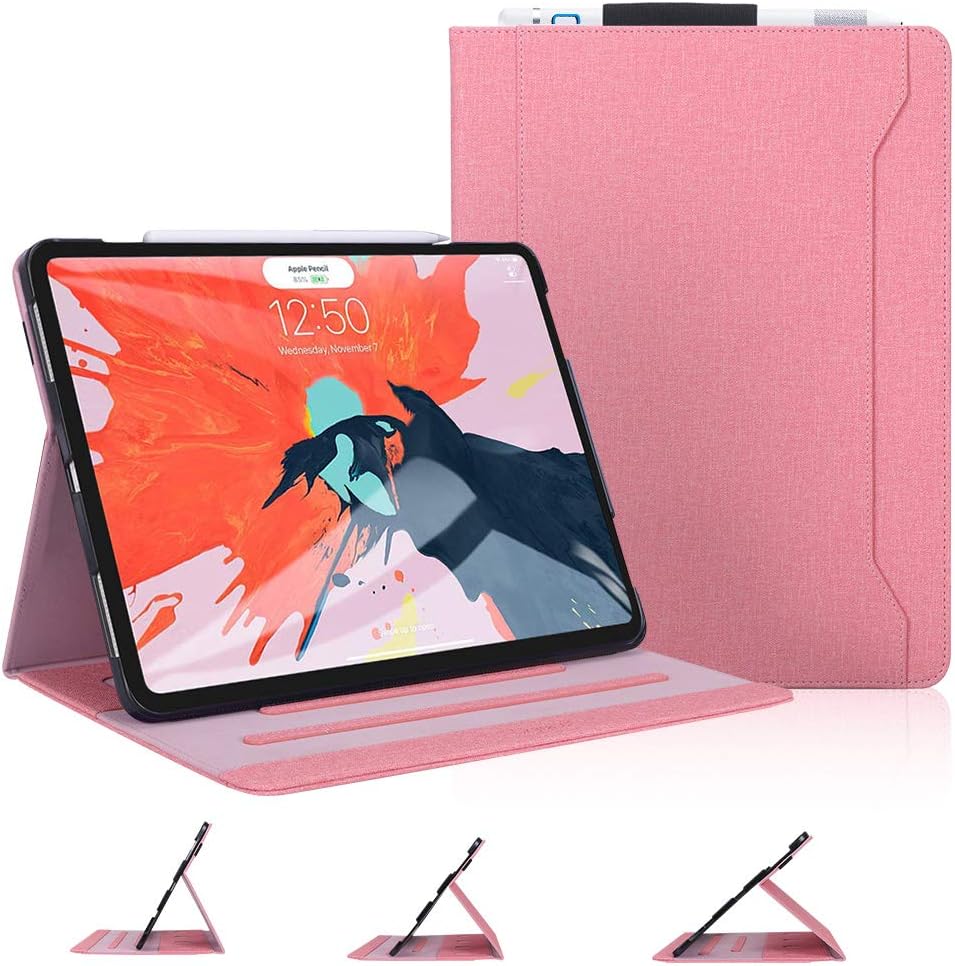 Skycase iPad Pro 12.9 Case (2018), iPad Pro 12.9 3rd Generation Case, [Support Apple Pencil Charging] Auto Dormancy Canvas Multi-Angle Viewing Stand Folio Case for Apple iPad Pro 12.9 inch 2018, Pink