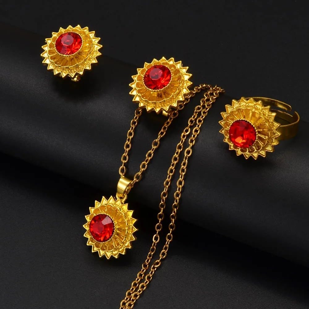14K Filled Gold Eritrean Jewelry Set For Women, 925 Sterling Silver Square Heart Circle Ethiopian Jewelry Set Necklaces Earrings Rings African Eritrean Habesha image 3