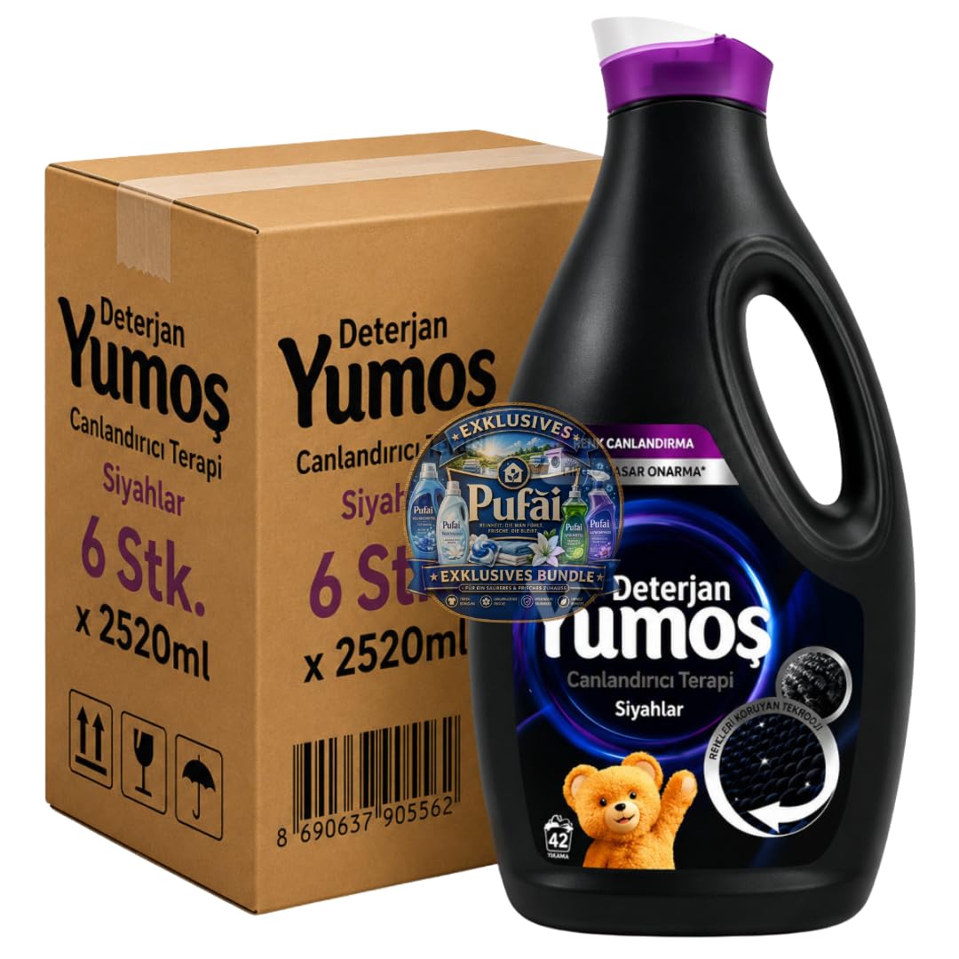 PUFAI Bundle – YUMOŞ Waschmittel Schwarz Flüssig – Waschmittel für dunkle & schwarze Wäsche, 2520ml, 6 Stück