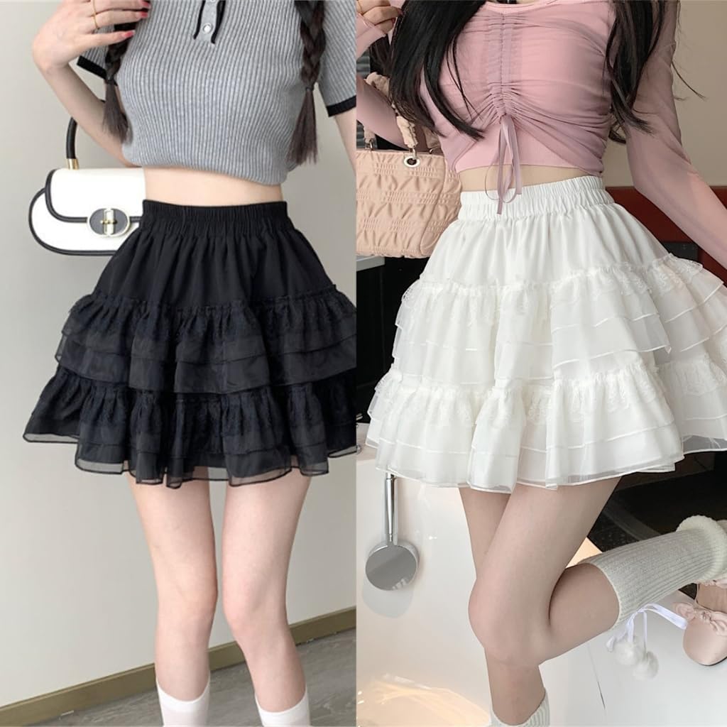 Charming Lace Layered Skirt Summer Skirts High Waist A-line Skirts Great for Casual Dates and Parties Black