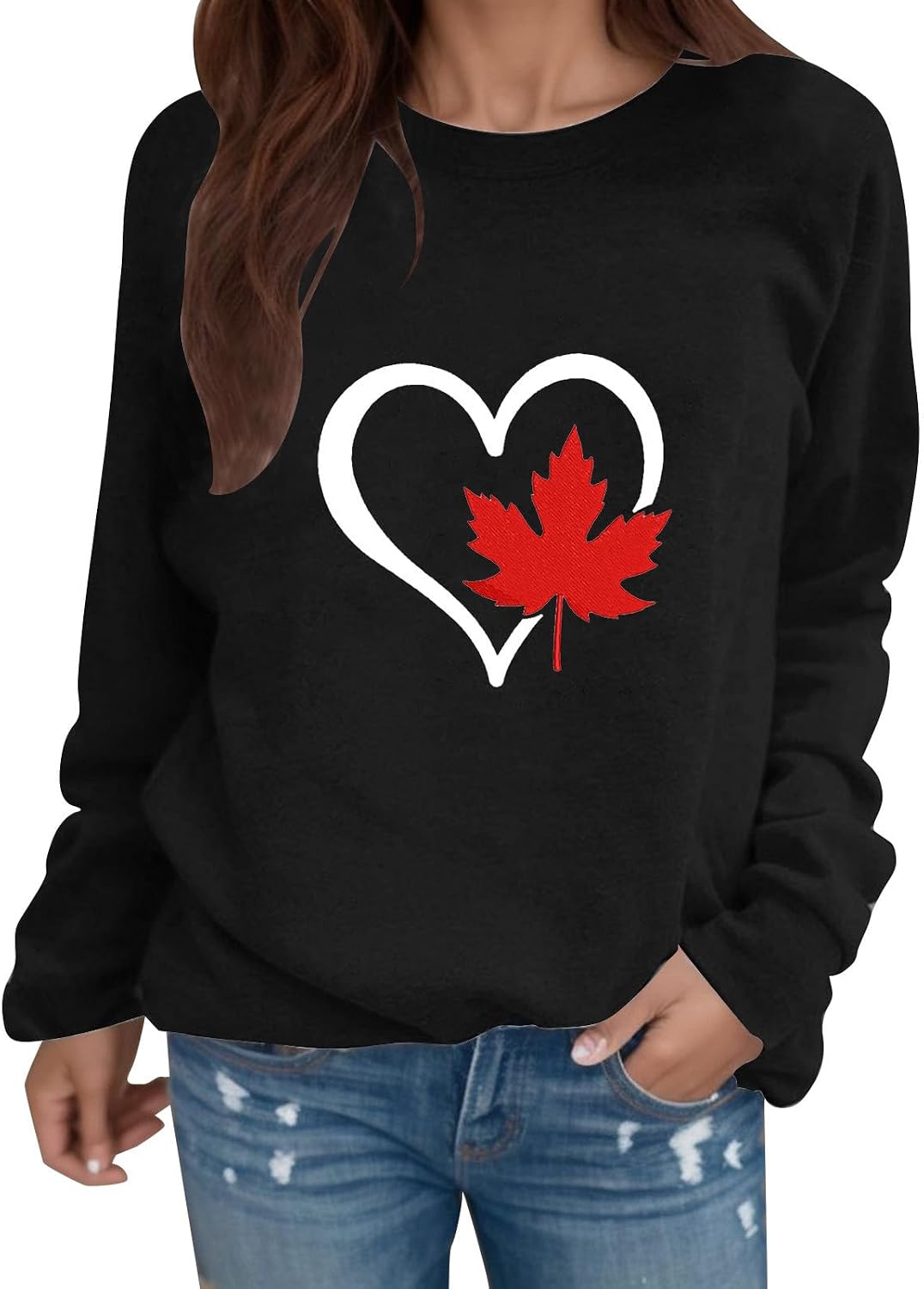 Fall 2023 Canadian Flag Women’s Crewneck Sweatshirt – Solid Hoodies with Maple Leaf Pullover Aesthetic