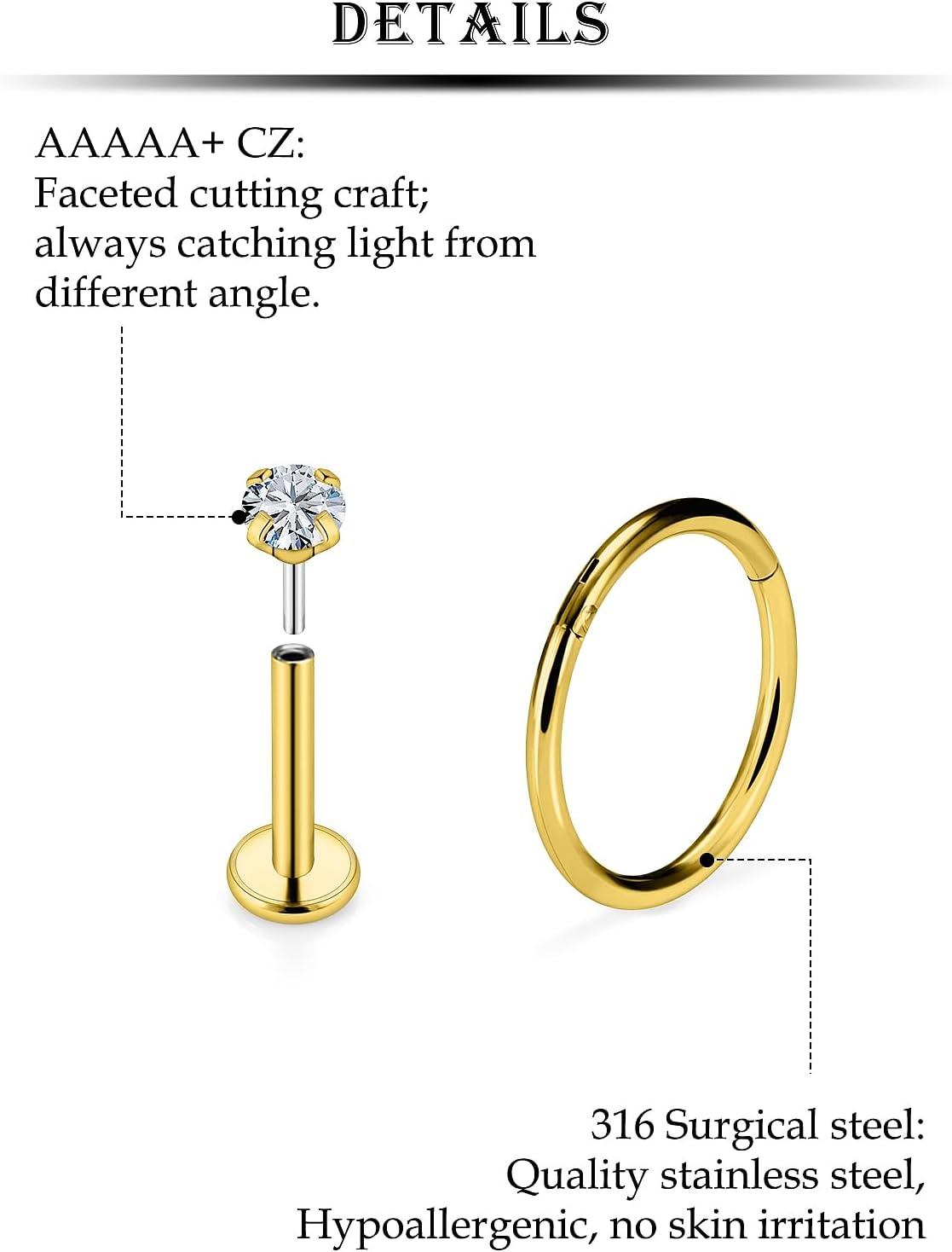 Kridzisw 16G Lip Labret Medusa Rings Studs Internally Threaded 316L Surgical Steel Snake Bite Lip Rings Flat Back Catilage Tragus Helix Daith Earrings Piercings Jewelry for Women Men 8mm - Image 3