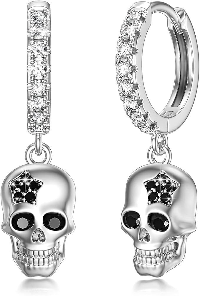Silver hoop earrings with skull charms set with crystal