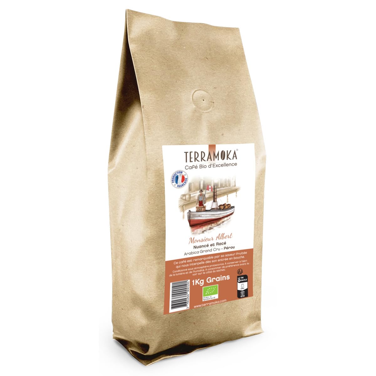 TERRAMOKA - 1 Kg Exzellenter Bio-Bohnenkaffee - 100% Reiner Arabica aus Peru - Fruchtig, nuanciert und rassig - 100% recyclebarer Beutel - Monsieur Albert - In Frankreich geröstet
