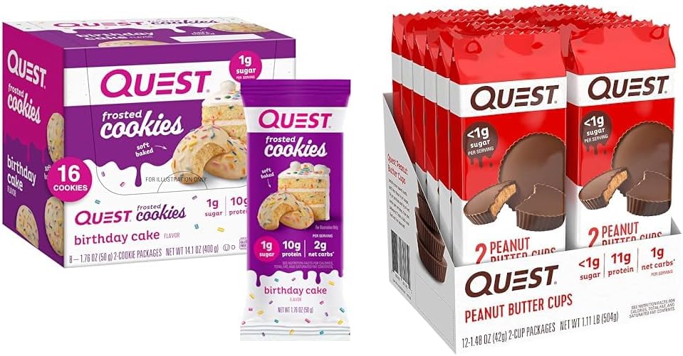 Quest Birthday Cake Frosted Cookies Twin Pack, 8 Count and Peanut Butter Cups, 12 Count