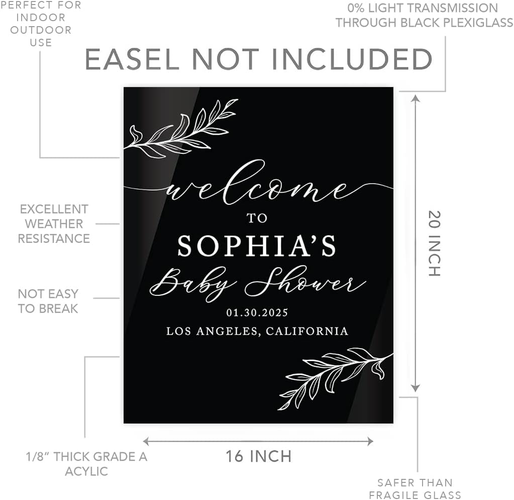 Andaz Press 16X20 Inch Black Acrylic Personalized Baby Shower Welcome Sign, Gender Neutral Large Custom Sign For Easel Stand, Rustic Laurel Leaves Baby Shower Decorations Neutral, Acrylic Welcome Sign