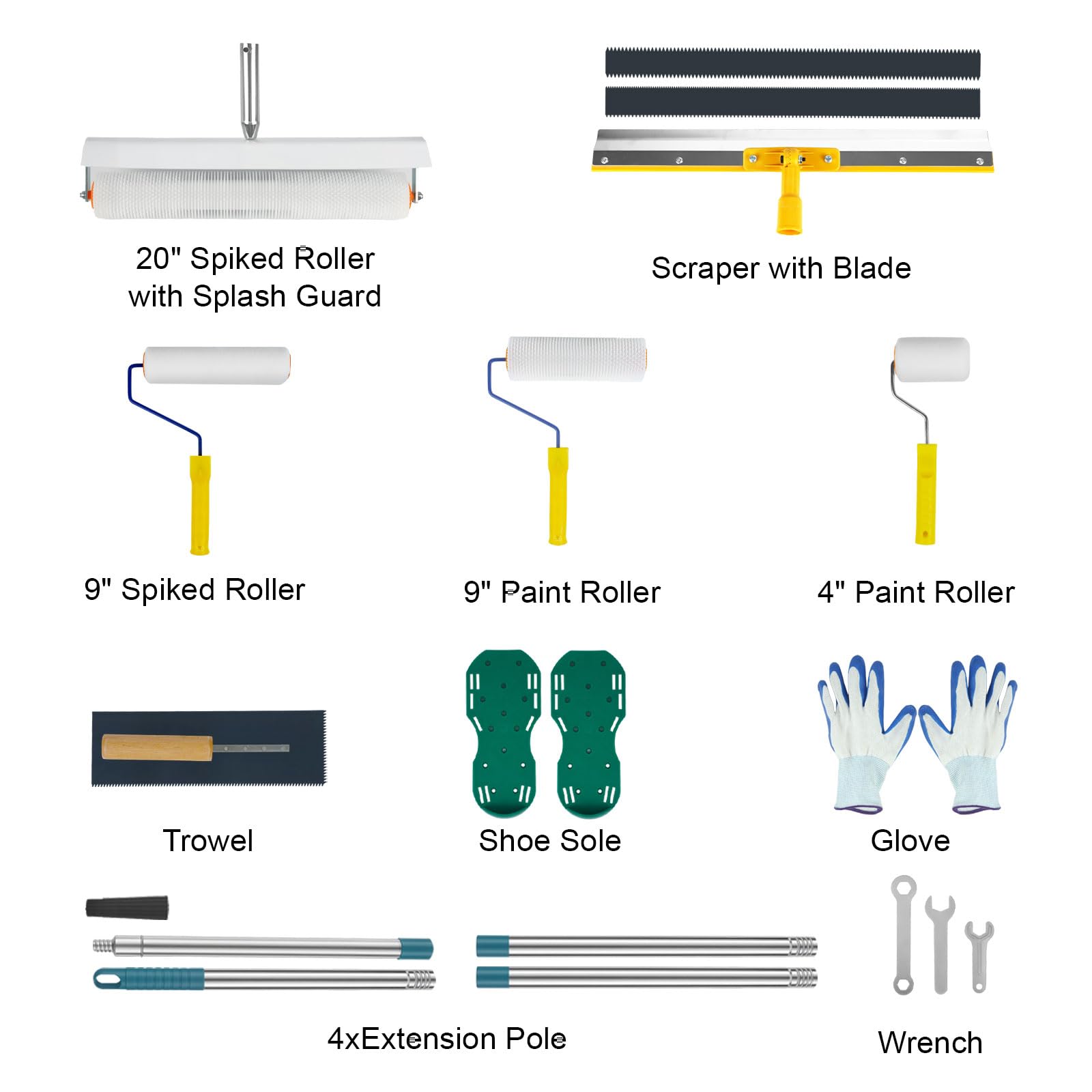 Kit di Strumenti Autolivellanti per Cemento con Rullo Frangibolle, Rullo Pittura, Scarpe Chiodate per Prato, Asta Telescopica, Spatola, Cazzuola di Guanti per Autolivellante per Pavimenti
