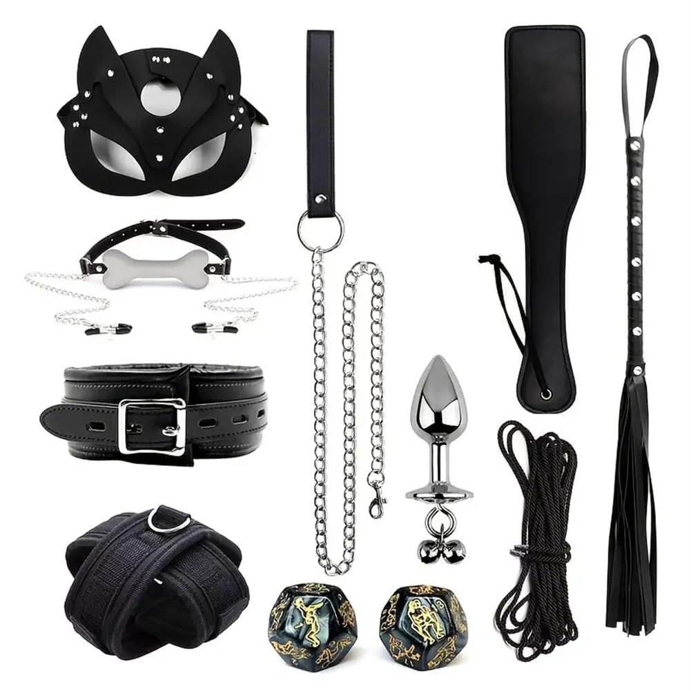 Juego de 11 piezas de juguetes de rol, incluyendo máscaras de zorro, juguetes de cuero, cuerdas de seda, dados, collares, látigos, raquetas de cuero, collares de mujer, etc.
