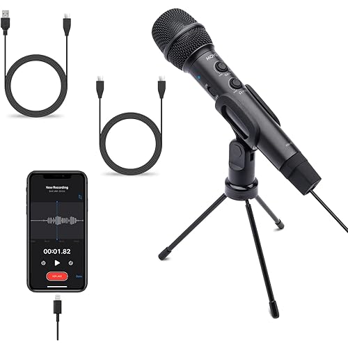 Movo HM-K1 Handheld Digital Cardioid Condenser Microphone for iPhone, Android, Computer with Mic Stand - USB, USB C and Lightning Connector Cables - Mic Compatible with PC, Mac, iPhone, iPad, Android