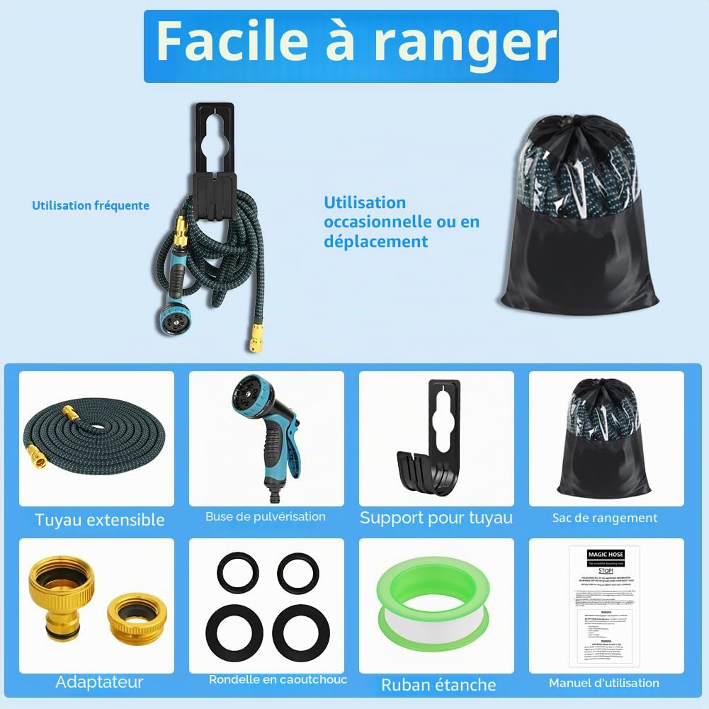Tuyau d'Arrosage Extensible 30m, Flexible＆Léger, Tuyau d’Eau Réglable avec 1/2'' et 3/4'' Raccords, 10 Modes d'Arrosage pour Jardin, Irrigation, Nettoyage, Lavage de Voiture, Bain d'Animaux