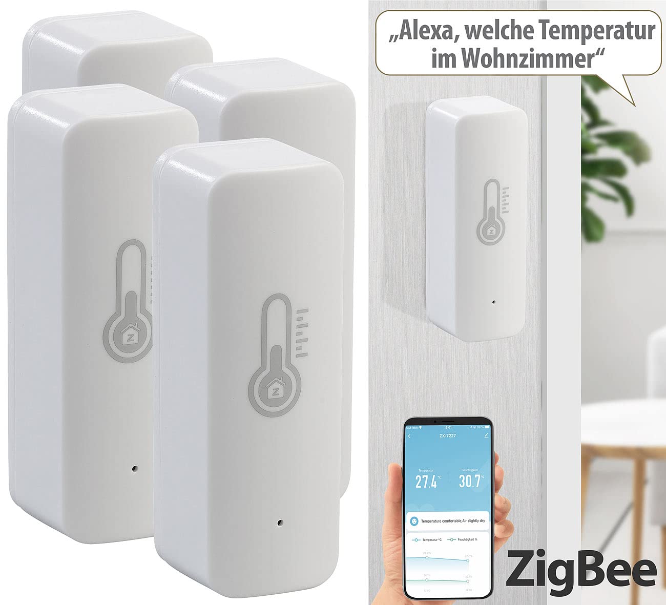 Luminea Home Control Smart Home Thermometer: 4er-Set ZigBee-Temperatur- & Luftfeuchtigkeits-Sensoren mit App (Temperatur Datenlogger, Smart Home Thermometer ZigBee, Infrarotheizung)