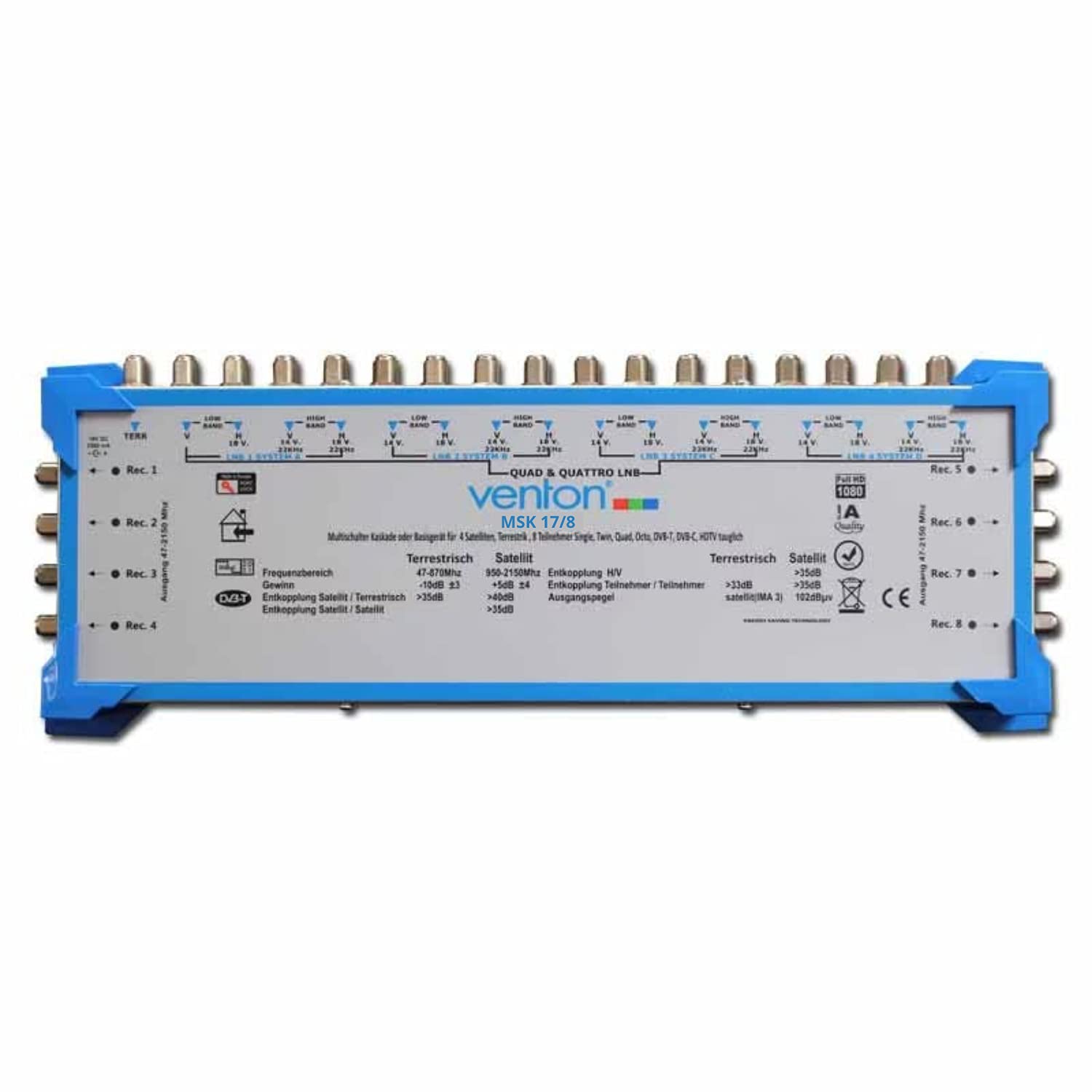 Venton Multiconmutador satélite 17/8 MSK I Multiswitch en cascada para 8 participantes I Distribuidor satélite 17 entradas 8 salidas - UHD Full HD TV 4K 3D I Recepción de señales digitales y