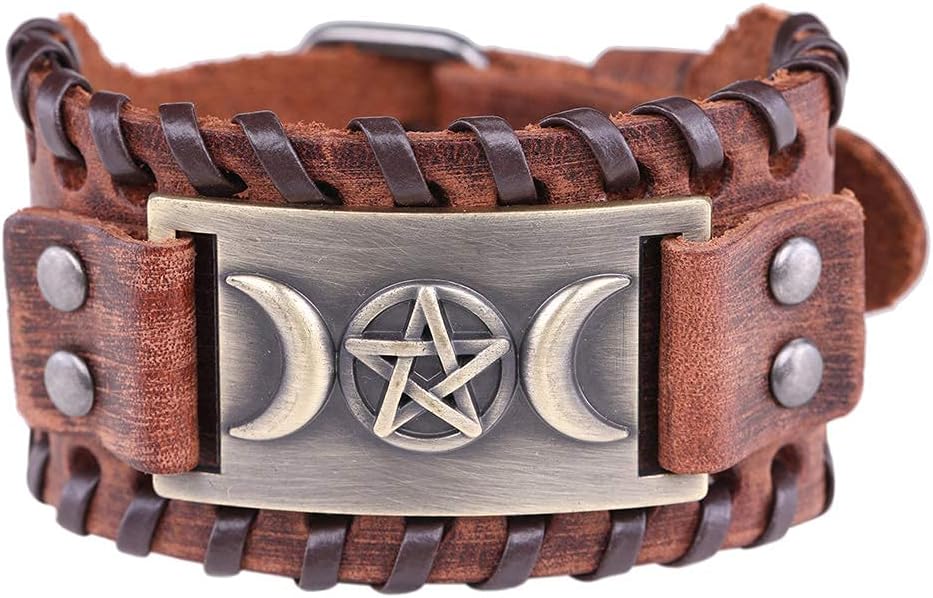ZWJAX Hombres Hombres Vintage Viking Amuleto Pulseras Bangle Vintage Amuleto Pagan Viking Triple Moon Diosa Pentacle Pentagram Party Grupo Ride Bracelet/a