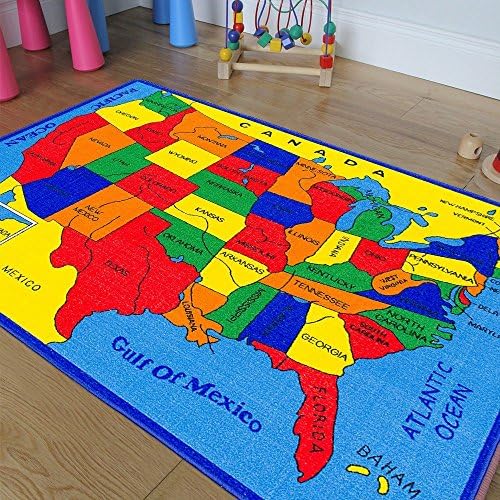 Kids/Classroom/Daycare/Playroom Area Rug. Educational. Fun. USA Map. Fifty States. Oceans. North America. Non-Slip Gel Back. Bright Colorful Vibrant Colors (3 Feet X 5 Feet)