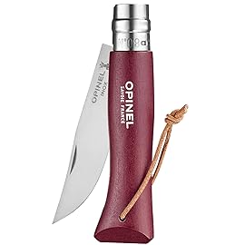 Opinel Colorama No.08 Folding Pocket Knife, Painted Wood Handles, Leather Lanyard (Burgundy)