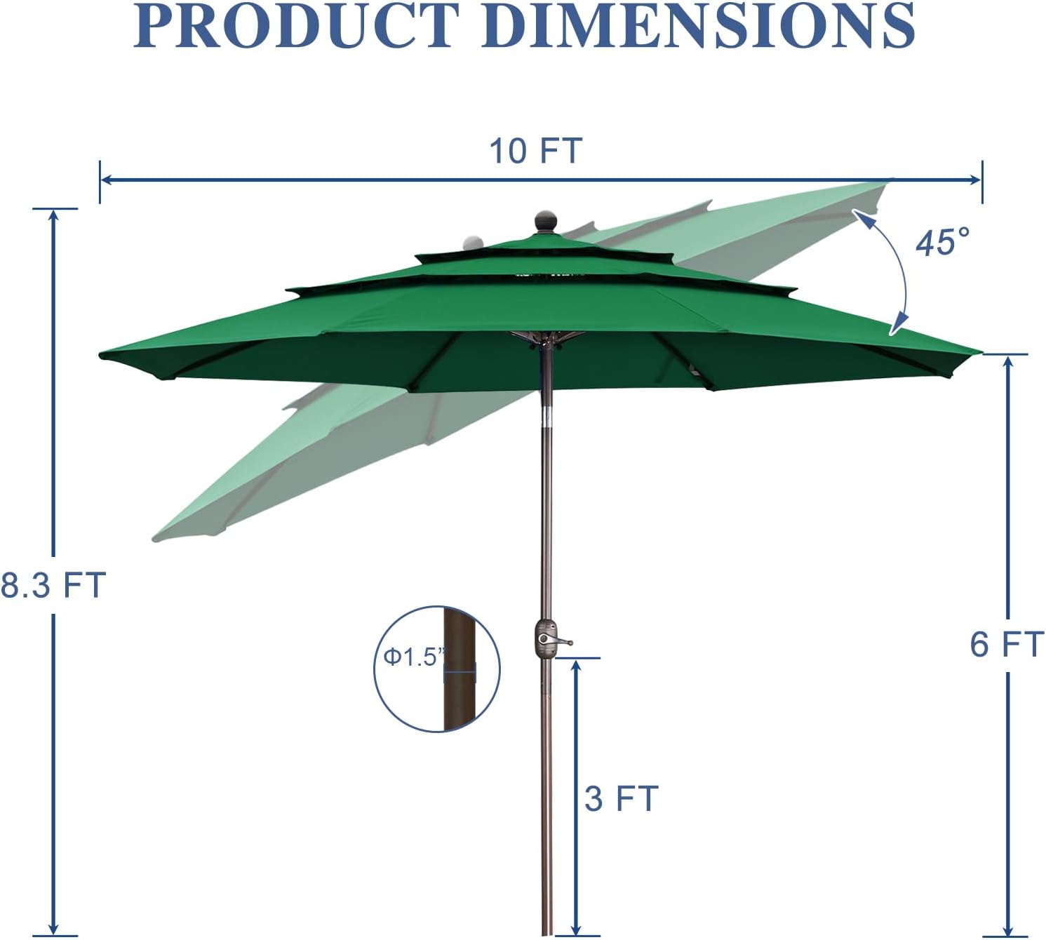 BPS 10ft 3-Tier Solar Patio Umbrella, Table Outdoor Market Sun Shade with 8 Sturdy Ribs，Beach Umbrella with Tilt Adjustment and Easy Crank for Poolside