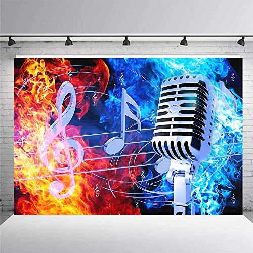 Emtobt 10X7Ft Ice Fire Microphone Backdrop Dream Rock Music Symbol Photography Background Rap Concert Party Fire Blue Water Red Flame Musical Notes Birthday Photoshoot Vinyl Supplies Bjrlem1022 #TOP1