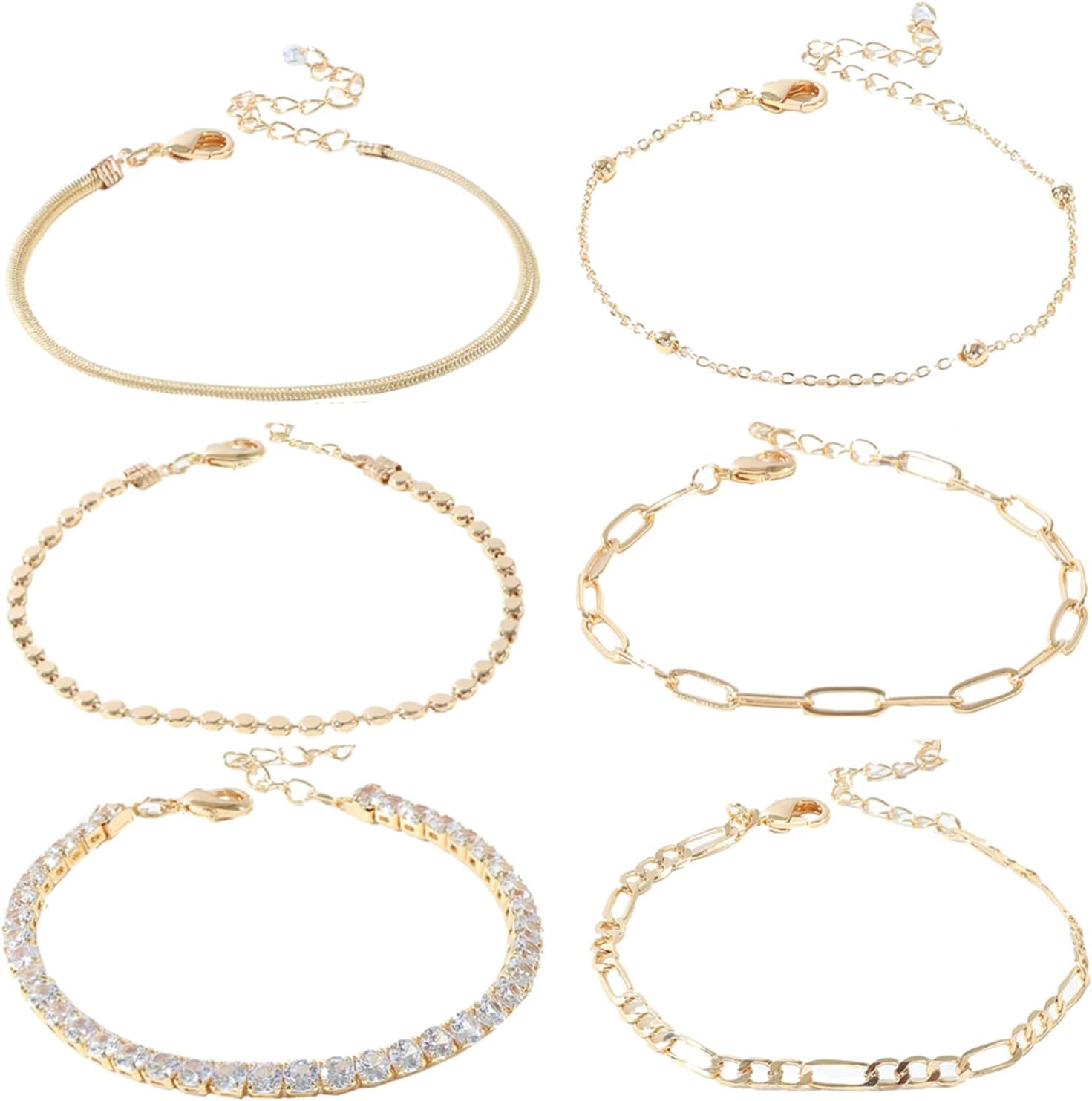 Dainty Gold Bracelets for Women 18K Gold Plated Bracelets Set Trendy Stackable non tarnish Paperclip Chain Bracelets for Valentines Day Gifts(6PCS)