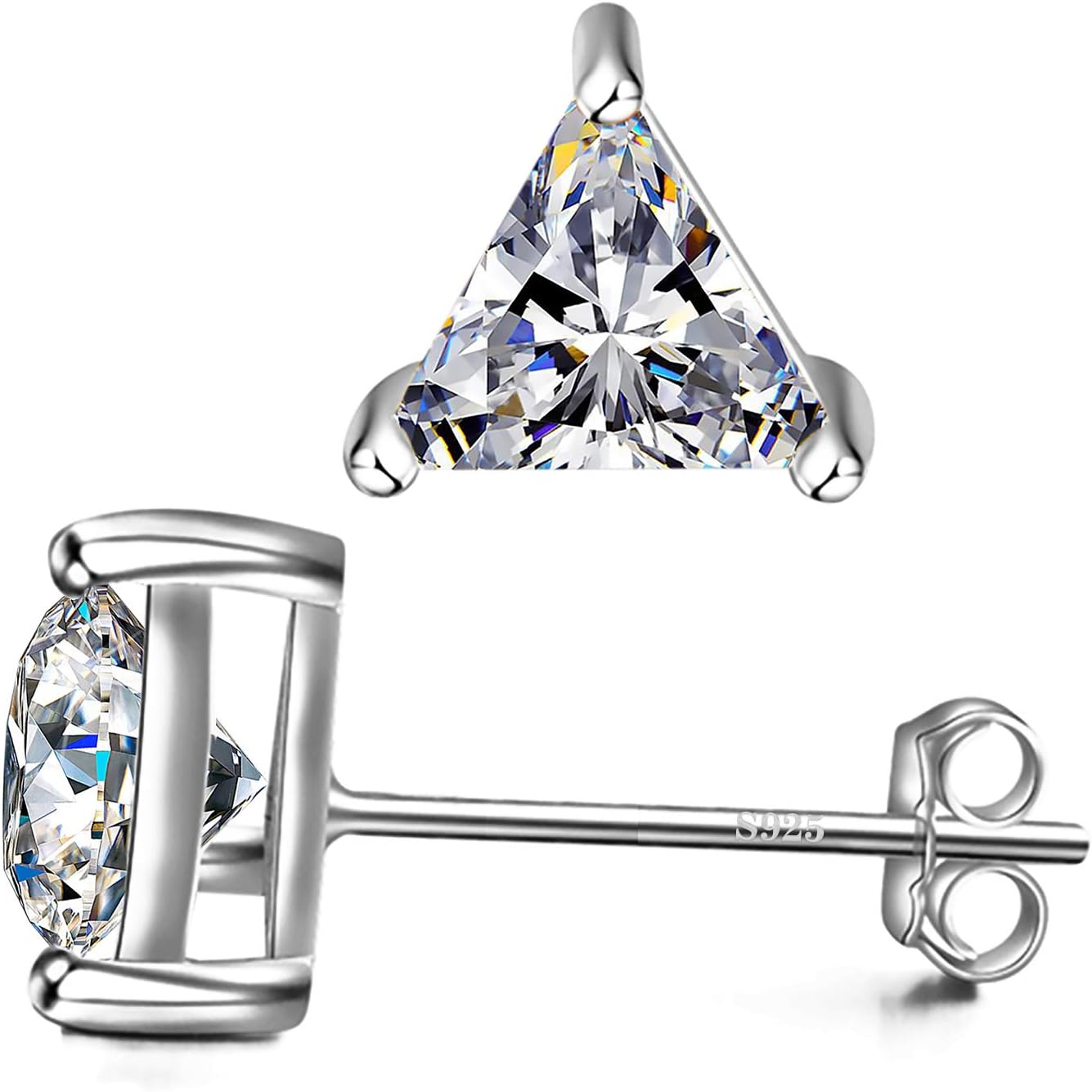 14k Gold Plated 925 Sterling Silver 3 Prong Triangle Simulated Diamond Cubic Zirconia Stud Earrings,CZ 5mm-7mm