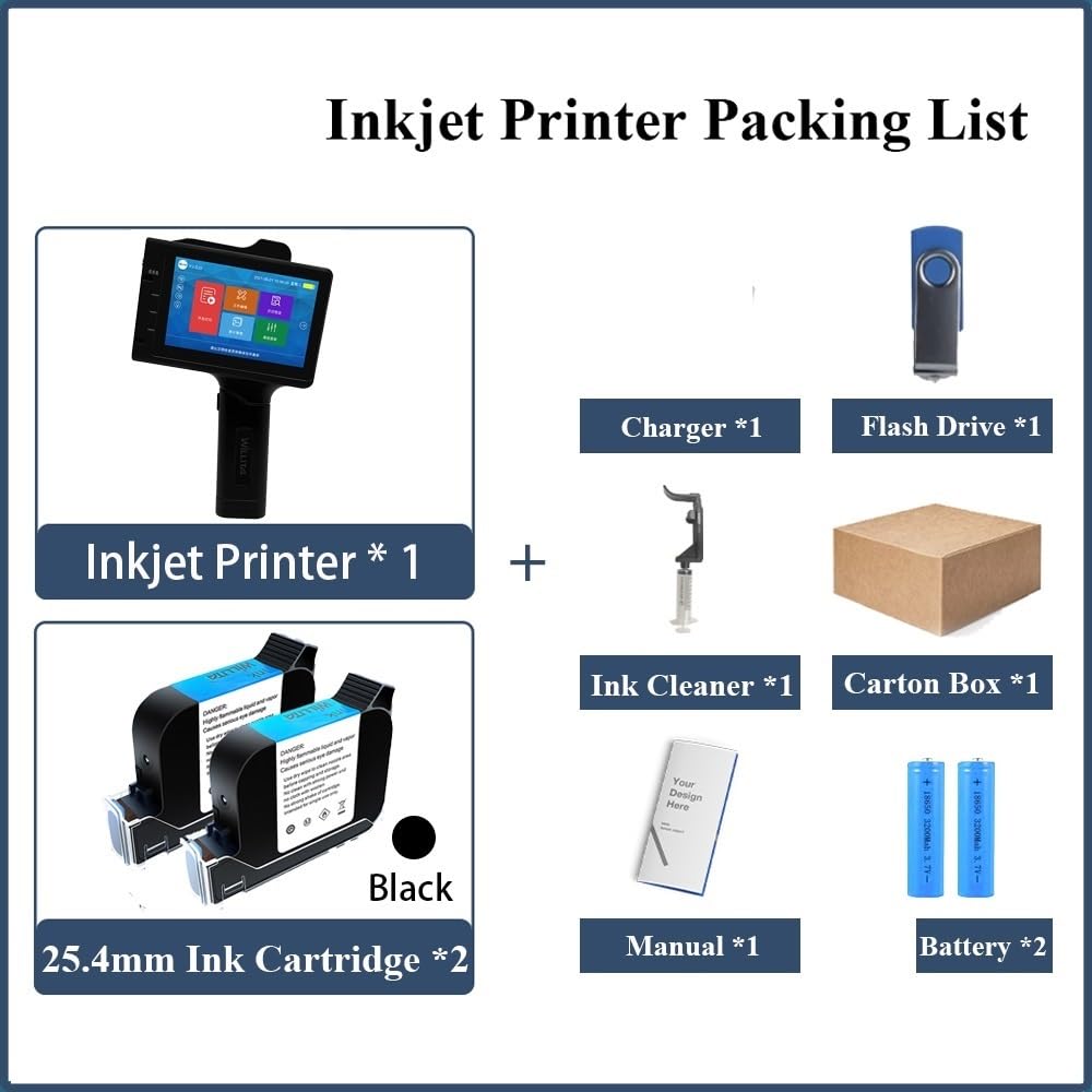 Kit Macchina per Stampa a Caldo Pistola for Stampante a Getto d'inchiostro Portatile da 25,4 mm for etichettatrice con Data di scadenza, codice a Barre, Numeri(Printer with 2 Inks)