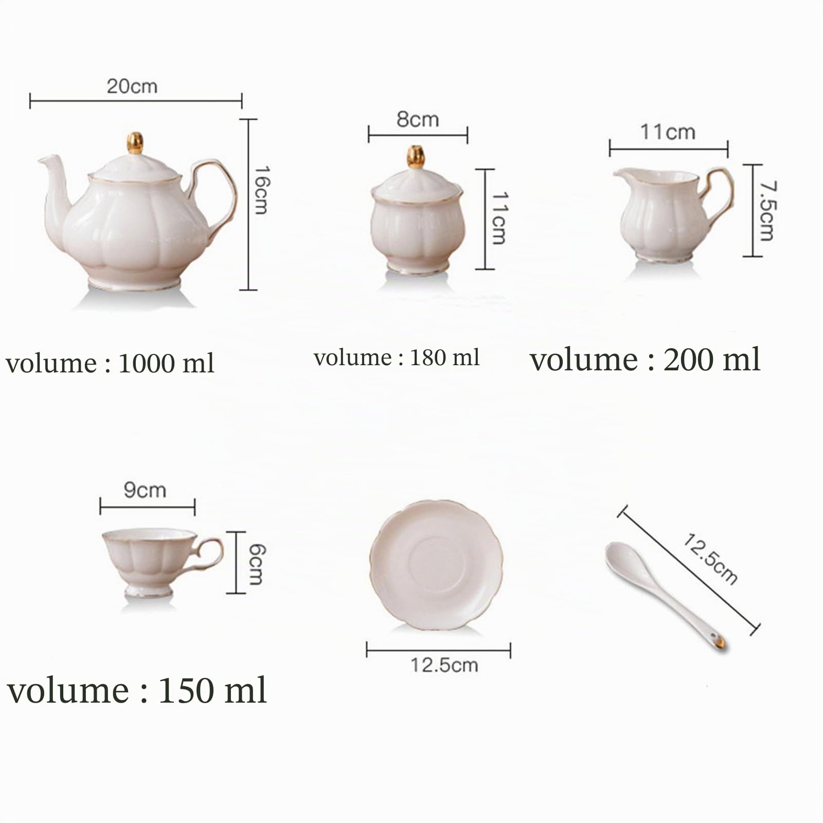 fanquare 15 Pièces Service à Thé Simple en Céramique Anglaise Blanche, Théière, Tasses en Porcelaine Osseuse pour Adultes, Cuillères Assorties, Service à Thé de L'Après-Midi Service à Café