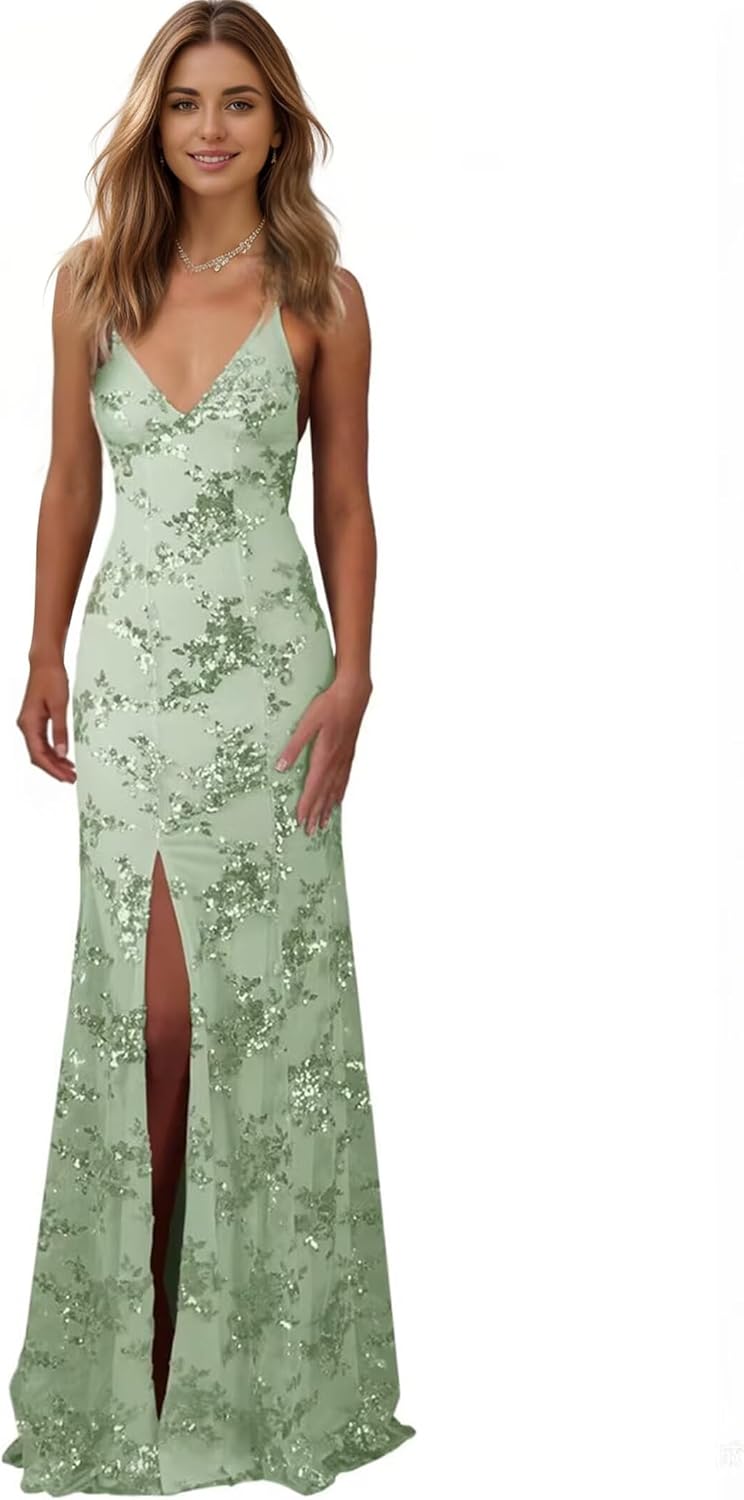 Sequin Prom Dresses Mermaid Sparkly Floral Print Evening Party Gowns V Neck Backless Long with Slit