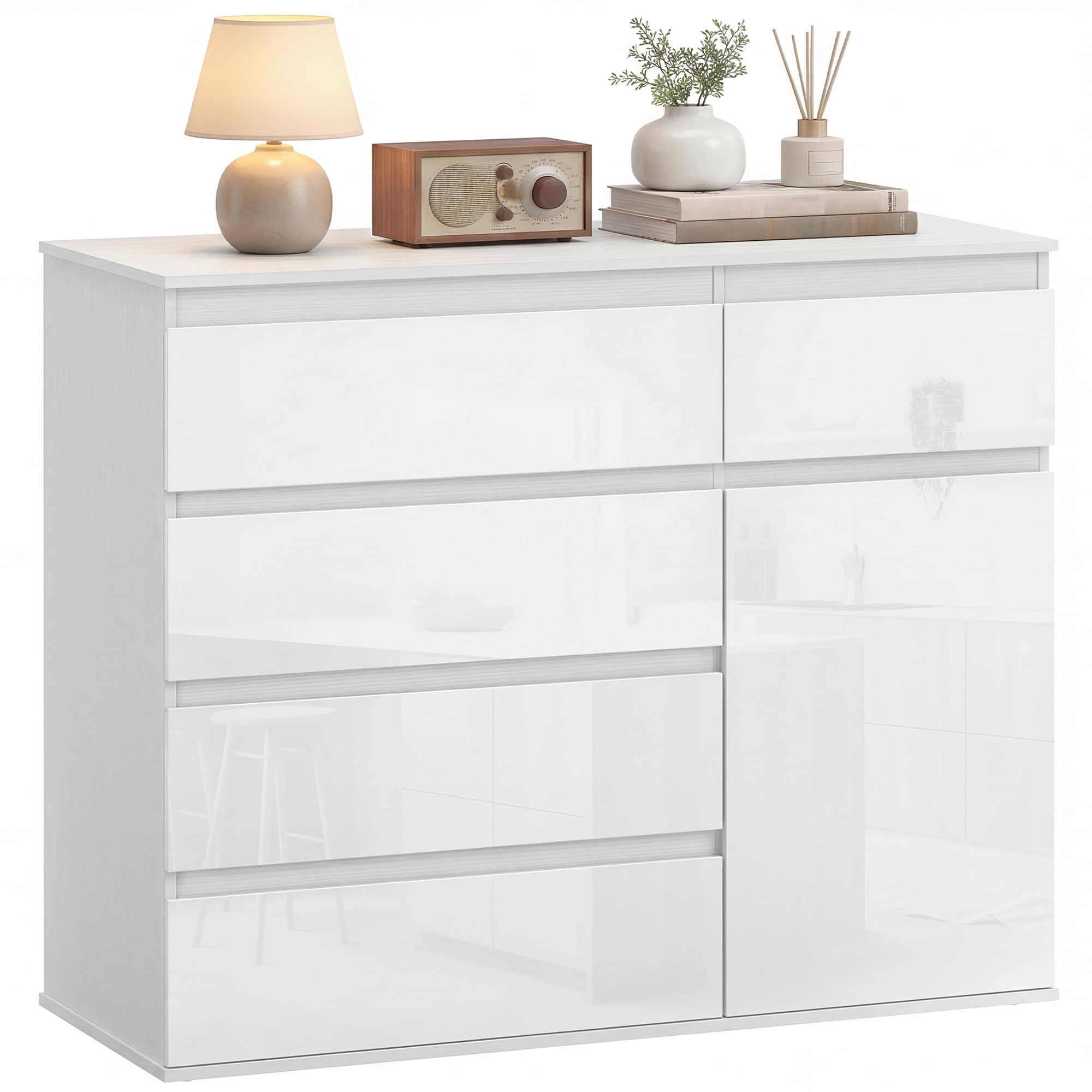 HOMCOM Cassettiera Camera da Letto 5 Cassetti, Como Camera da Letto Moderno con Ripiano Regolabile, Ante Soft-Close, Cassettiera Salvaspazio per Soggiorno Cameretta, 100x40x80 cm, Bianco Lucido