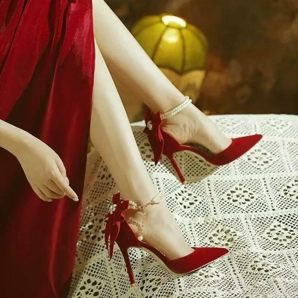 Scarpe da Sposa Rosse Xiuhe Tacco a Spillo Alto con Punta a Punta Bocca Bassa Fiocco Perla Una Parola Fibbia Cinturino Due Scarpe da Sposa da Indossare