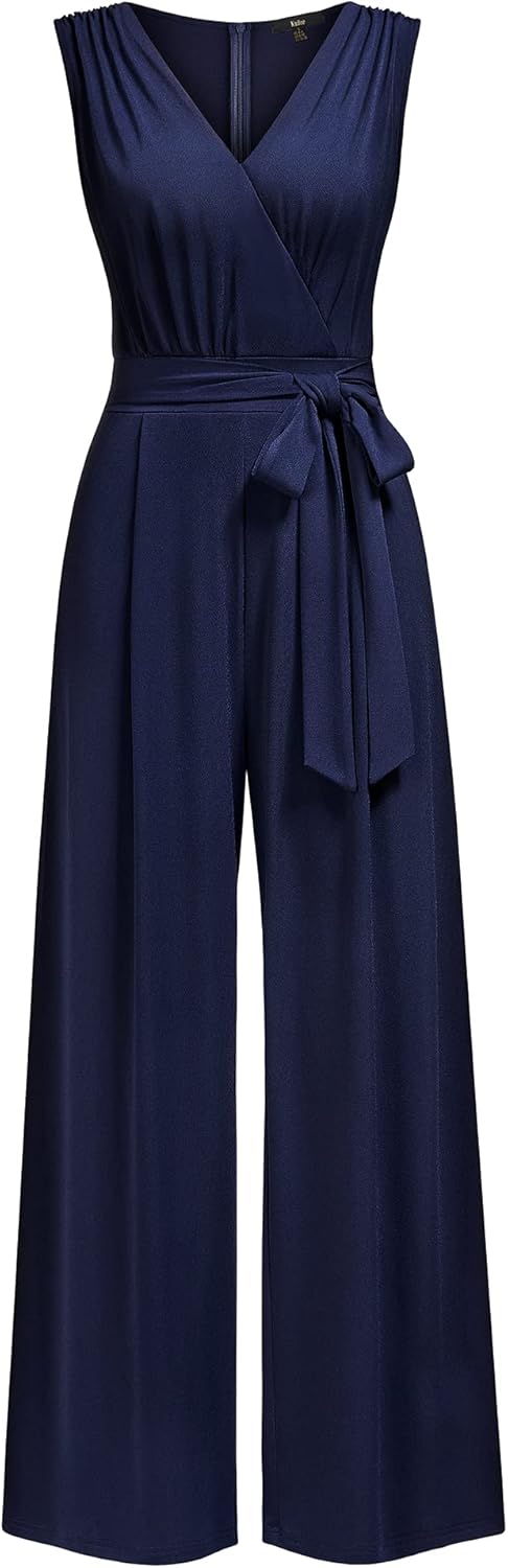 Knitee Women's Sleeveless Deep V Neck Ruched Wide Leg Jumpsuit Long Romper Belt with Pockets - Image 5