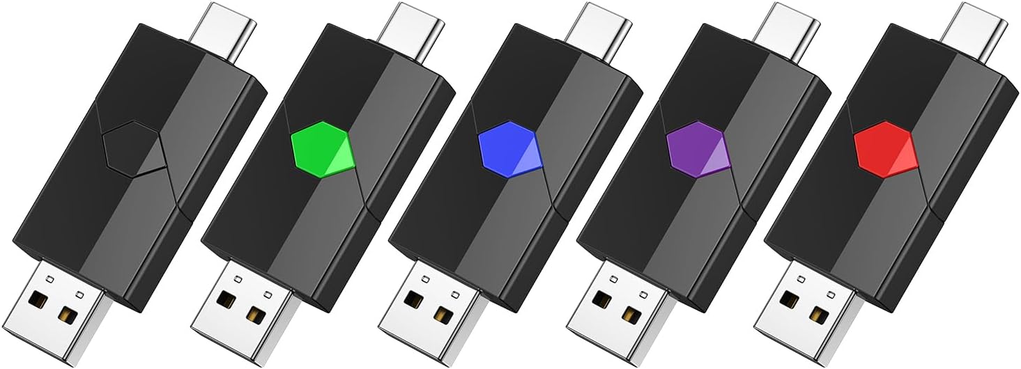 Aiibe 64GB USB C Flash Drive 5 Pack Type C + USB-A Dual Thumb Drive USB2.0 Memory Stick 64GB Flash Drives Push-Pull Portable Stick 64 GB (5 Pack, Black Green Red Blue Purple)