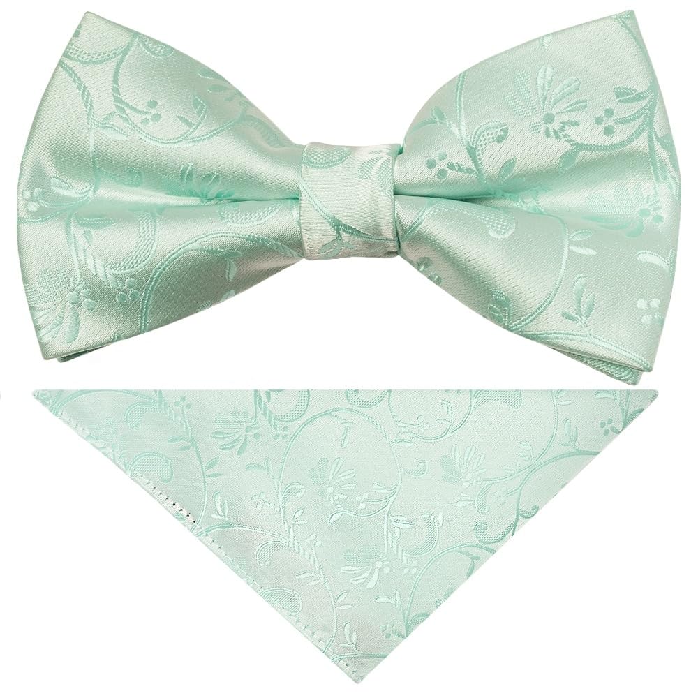 Ties R Us Men's Green Mint Floral Handmade Bow Tie And Handkerchief Set