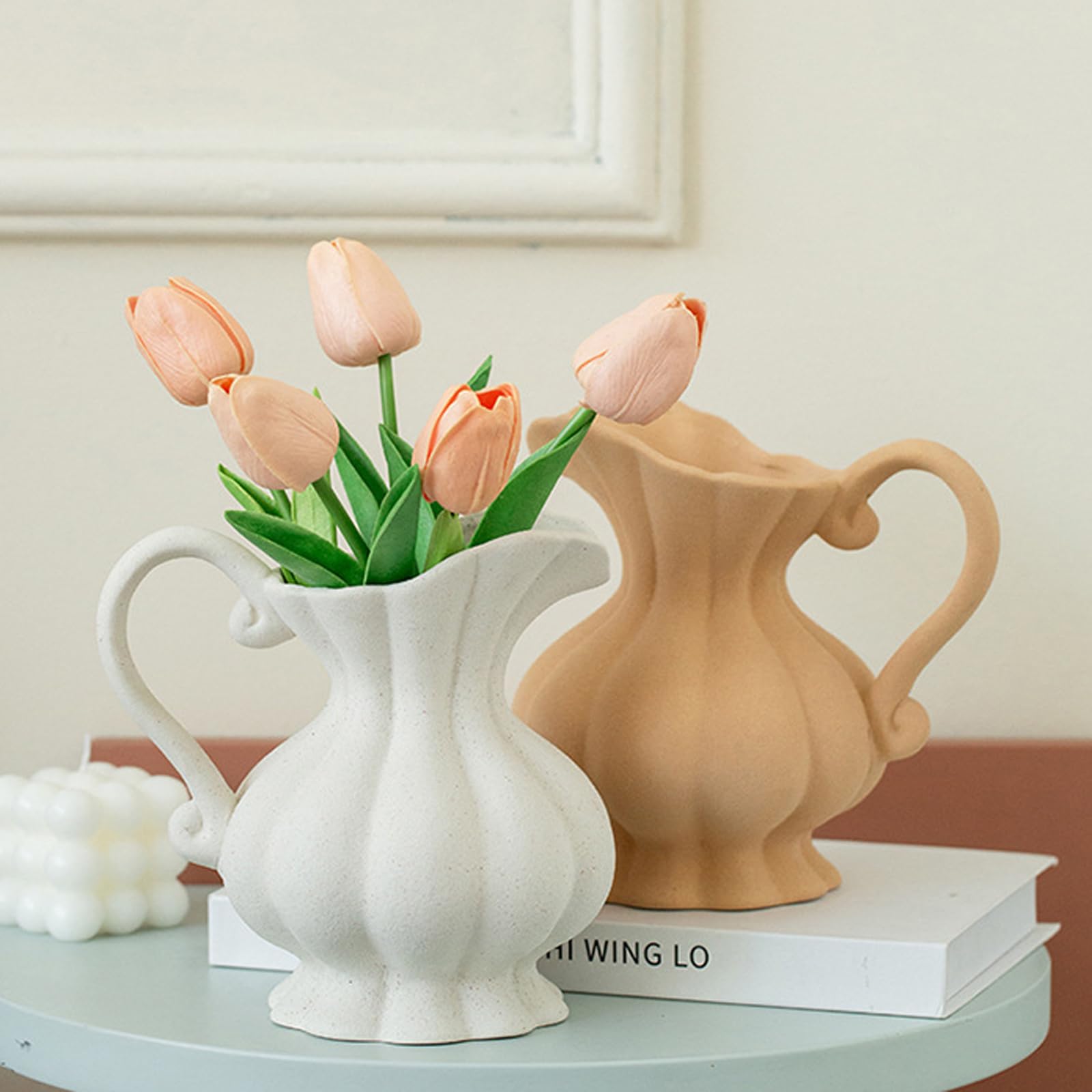 Ceramiczny wazon Wazon z kremem na kwiaty, dekoracyjny wazon z trawy pampasowej, nowoczesny mały wazon do domu Salon Stół Farm,White