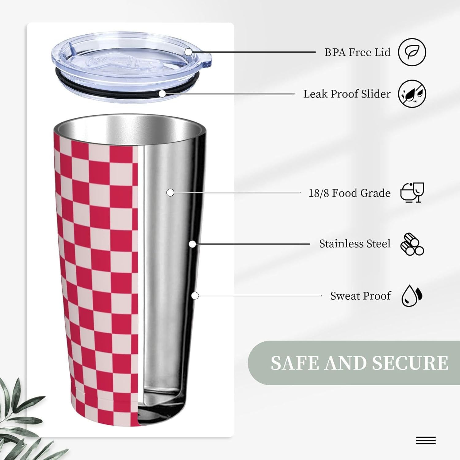 Pink Checkered Tumbler, Buffalo Plaid 20oz Stainless Steel Insulated Travel Tumblers,Travel Coffee Mug with Lid and Straw Cups Gifts for Women Men - Image 4