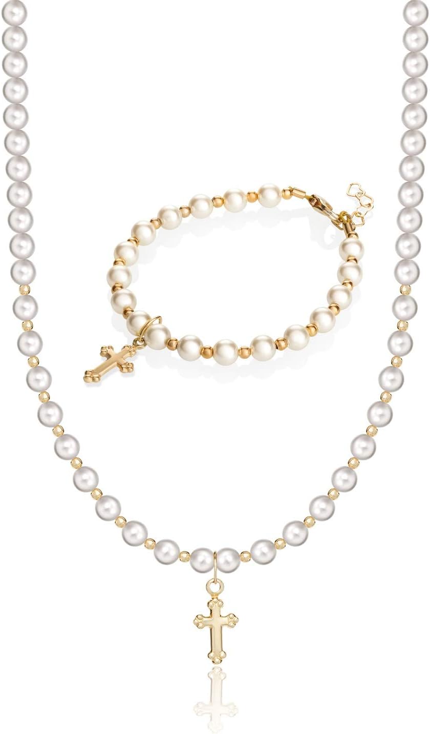 Christening 14KT Gold-Filled Beads and Cross Charm Luxury Unisex Baby Bracelet and Necklace with Cream European Simulated Pearls Gift Set (GSNBGC_S)