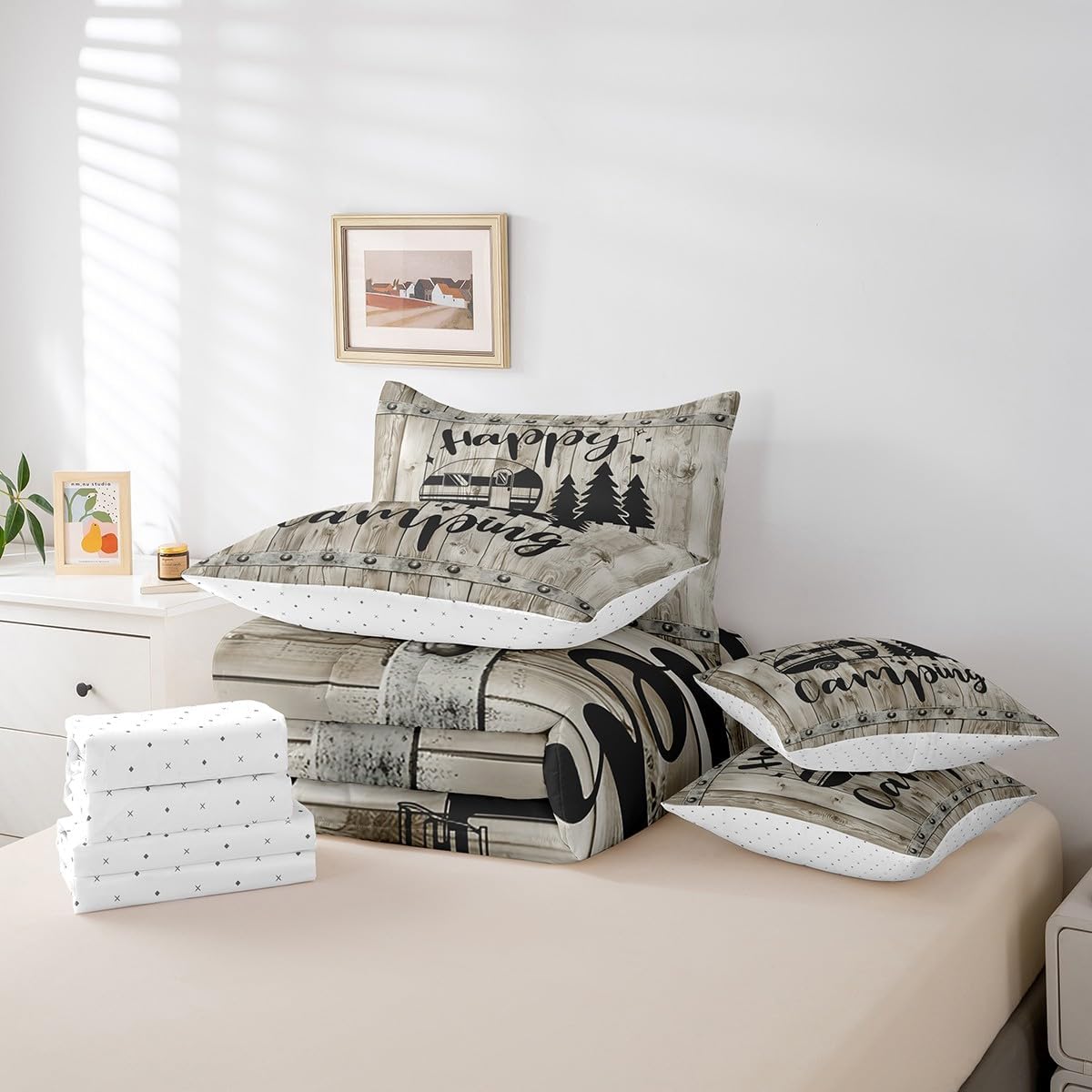 Castle Fairy Camping Truck Queen Comforter Set with Sheets 7 Pcs,RV Camper Comforter Blanket Boys Girls,Farmhouse Bedding Sets with Comforter,Flat,Fitted Sheet,Pillowcases,Pillow Covers,Khaki Gray