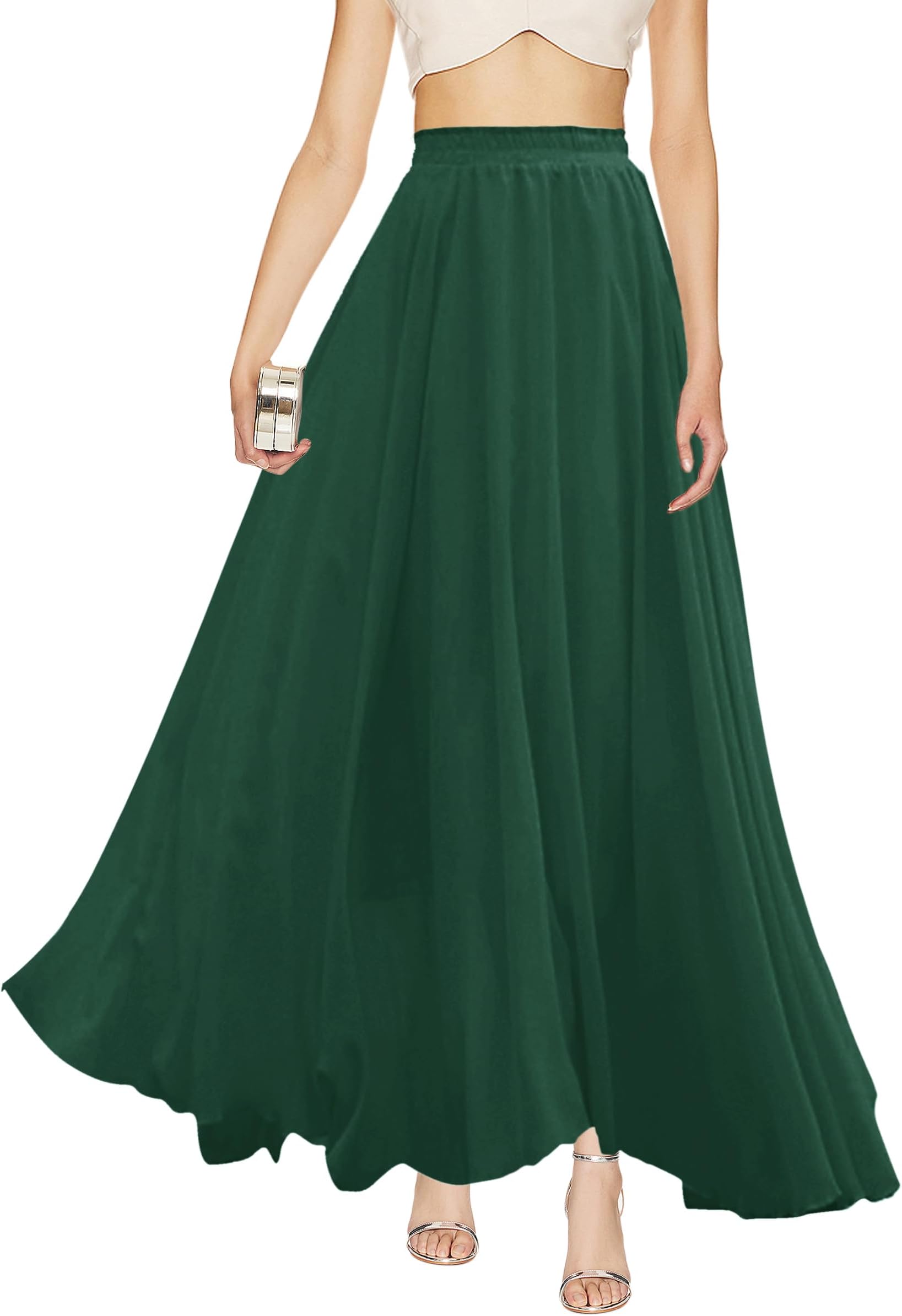 Women Full/Ankle Length Elastic Pleated Retro Maxi Chiffon Long Skirt
