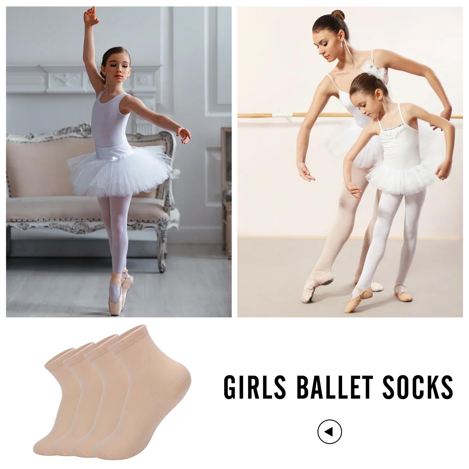 Lot de 4 paires de chaussettes de ballet pour filles, en coton oxygéné respirant, rose nude, orteils sans couture, chaussettes de danse extensibles pour tout-petits/enfants
