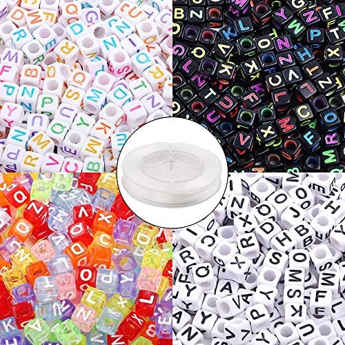 Quefe 1000pcs Letter Alphabet Beads, 4 Color 6mm Cube Acrylic Letter Beads with 50 Meters Elastic String Crystal Cord for Jewelry Making, Necklace, Bracelets