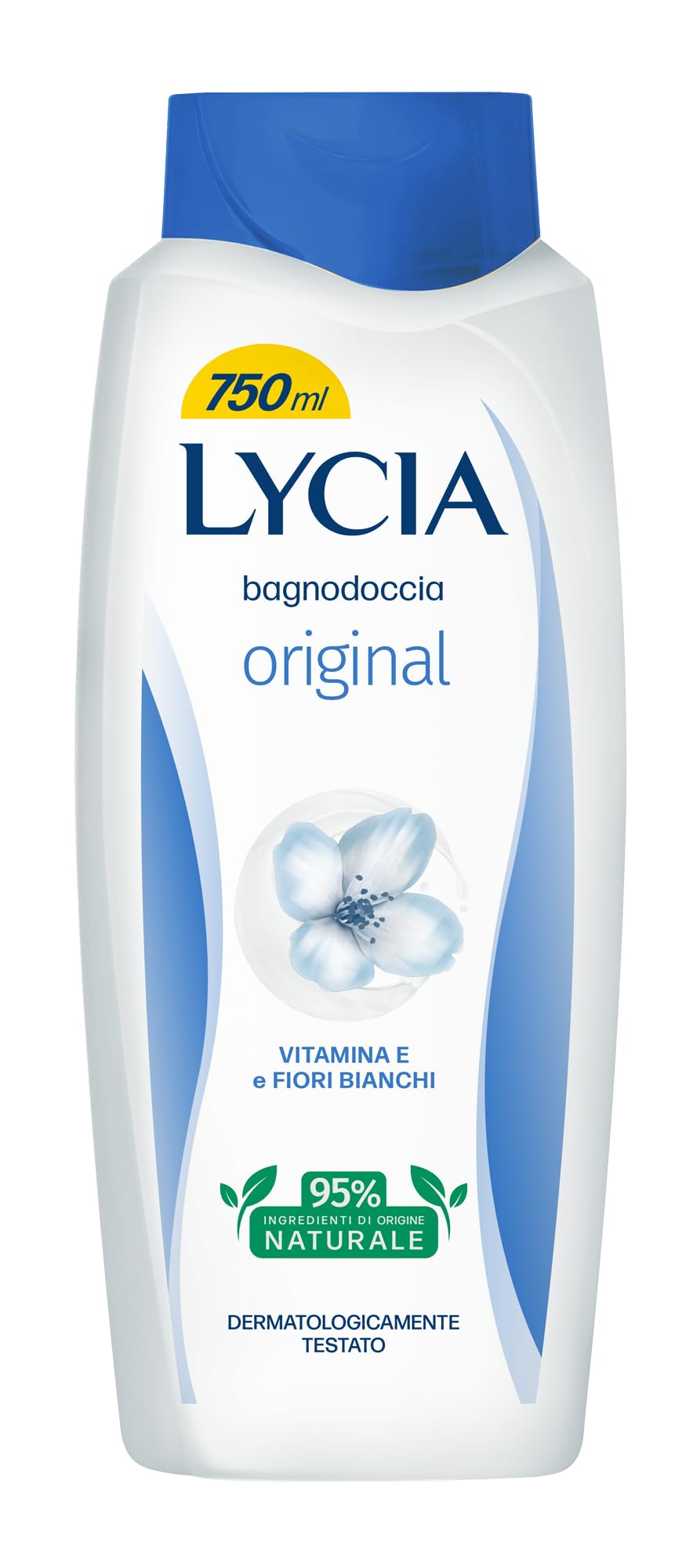 Lycia Oryginalny żel pod prysznic z witaminą E i białymi kwiatami, zapach kwiatów, delikatnie oczyszcza i utrzymuje nawilżenie skóry, 750 ml