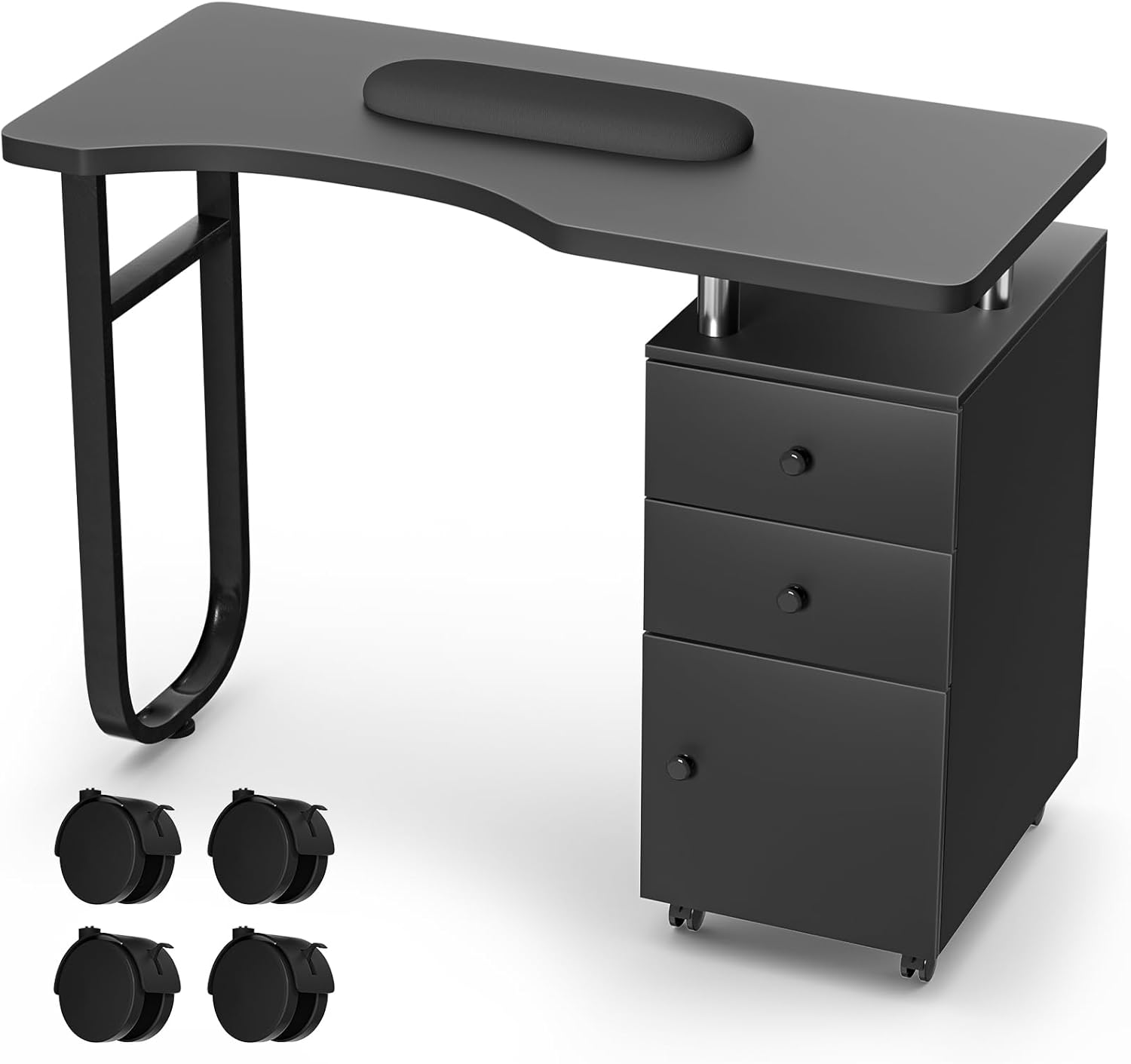 FreSup Professional Nail Tech Table and Vanity Desk with Acid Resistant Surface, 3 Drawers Manicure Desk with 4 Lockable Caster Wheels, Wrist Cushion for Salon Home & Studio Use (Black with Wheel)