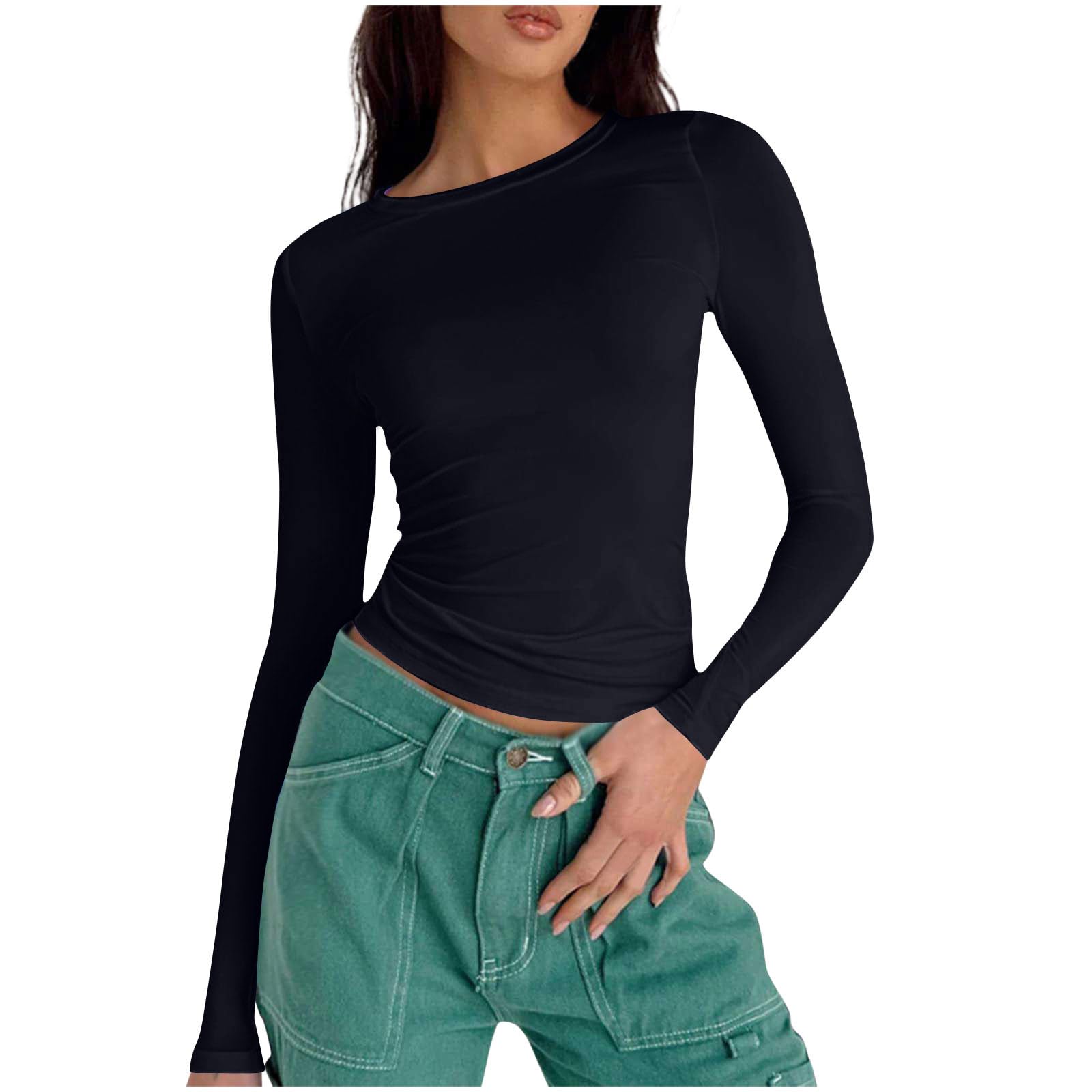 KeepinkWomen Long Sleeve Tops Tight Slim Fit Crop Pullover Top Solid Y2k Basic T-Shirt Fashion Casual Crew Neck Tshirt Fall Blouse Athletic Gym Tee Shirt Aesthetic Streetwear UK 6/14