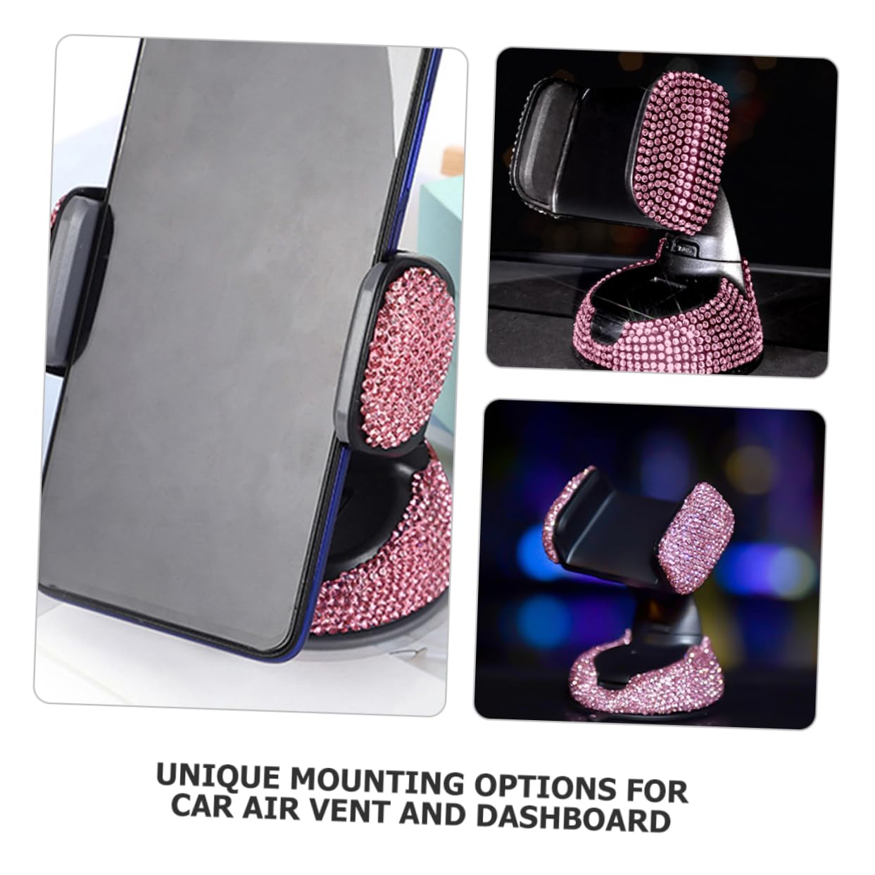 Soporte para Teléfono Móvil Gadget Coche Protección Antideslizante y Montaje Único para Rejilla de Ventilación y Salpicadero, 2 Piezas de Abs y Rhinestone