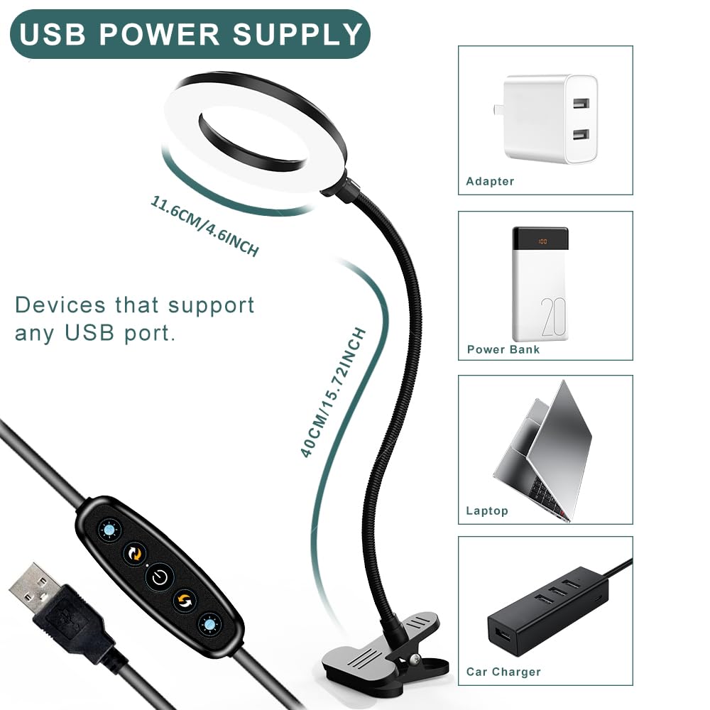 Lampe de bureau à clipser, rose, plastique, 3 modes de couleur et 10 niveaux de luminosité, col de cygne flexible, port USB, pour la lecture, la couture, les travaux manuels