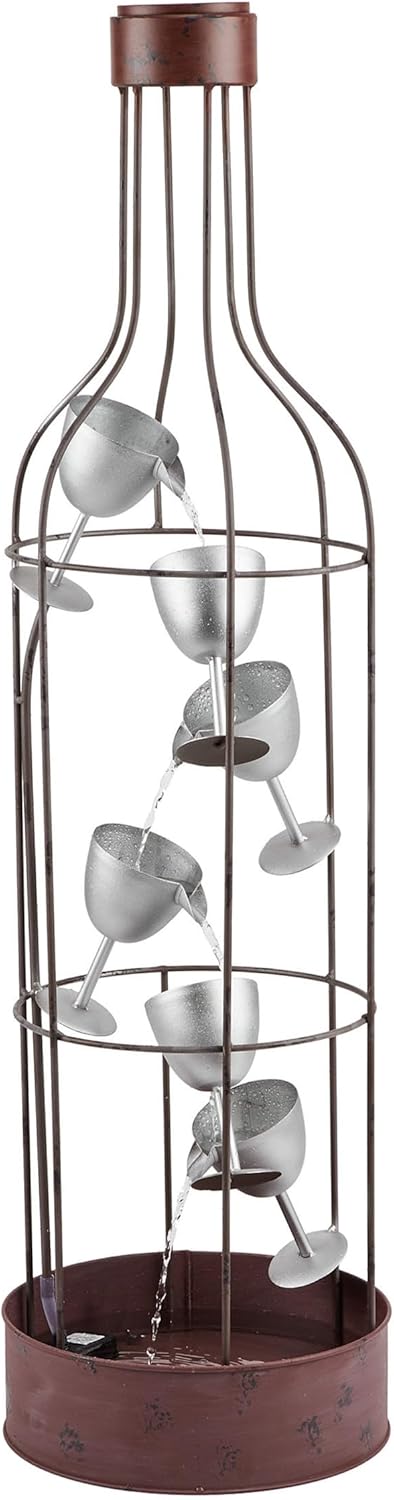 Alpine Corporation IPS210 Outdoor Floor Rustic Eclectic Bottle Shaped Water Fountain with Tiered Wine Glasses, 44", Brown
