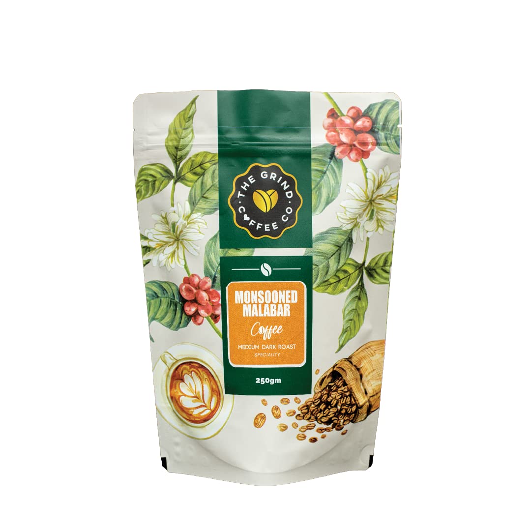 The Grind Coffee Co. | Monsooned Malabar | 250 g| Premium 100% Arabica Pure Indian Roasted Ground Coffee Sourced Directly From Coorg | Medium Dark Roast | Espresso (Fine Grind)