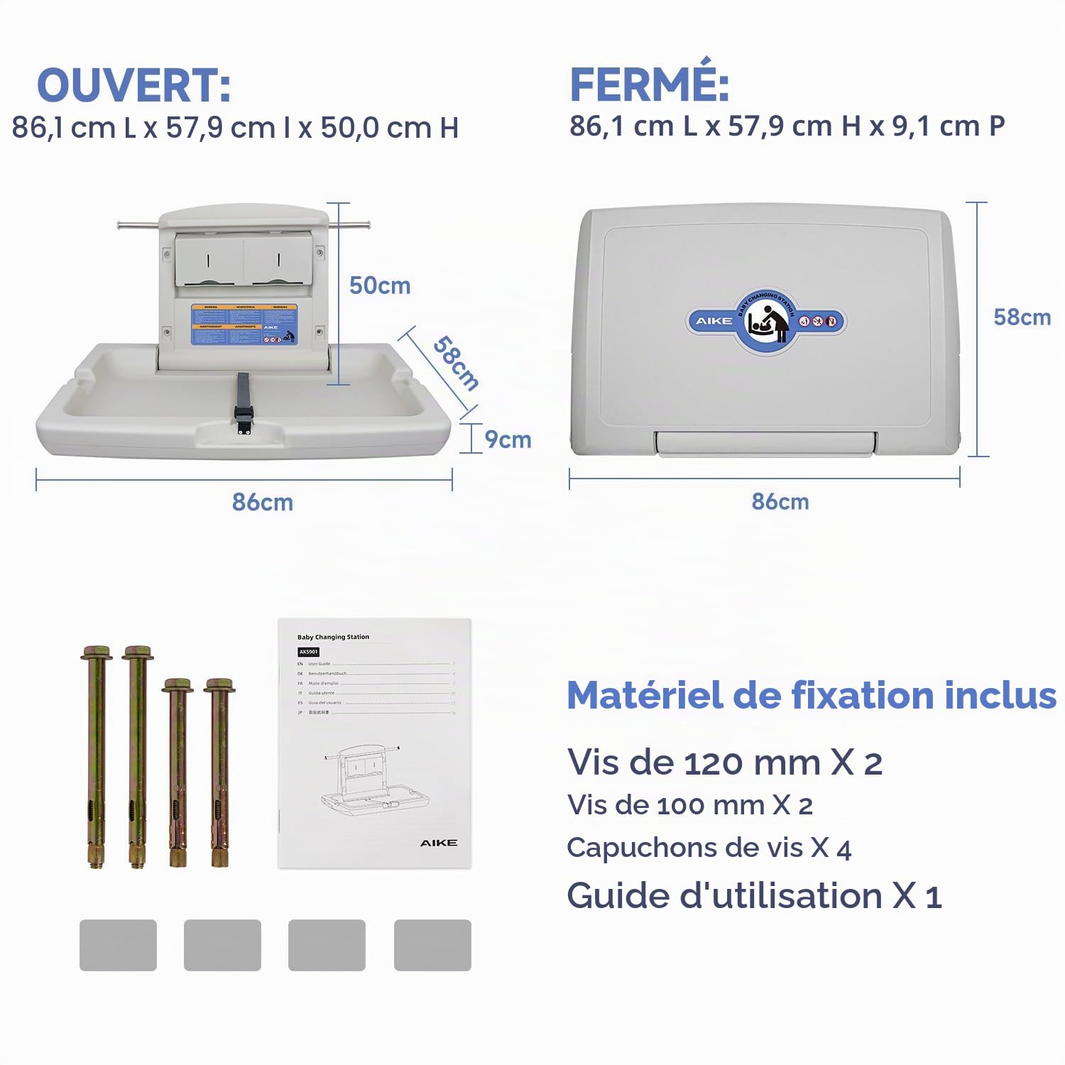 AIKE Table à Langer Horizontale Mural Pliable Bébé Commerciale Conforme CPC Blanc Grisâtre