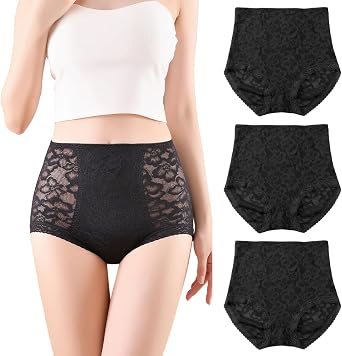 Womens High Waisted Lace Briefs - Retro Floral Panties with Light Tummy Support
