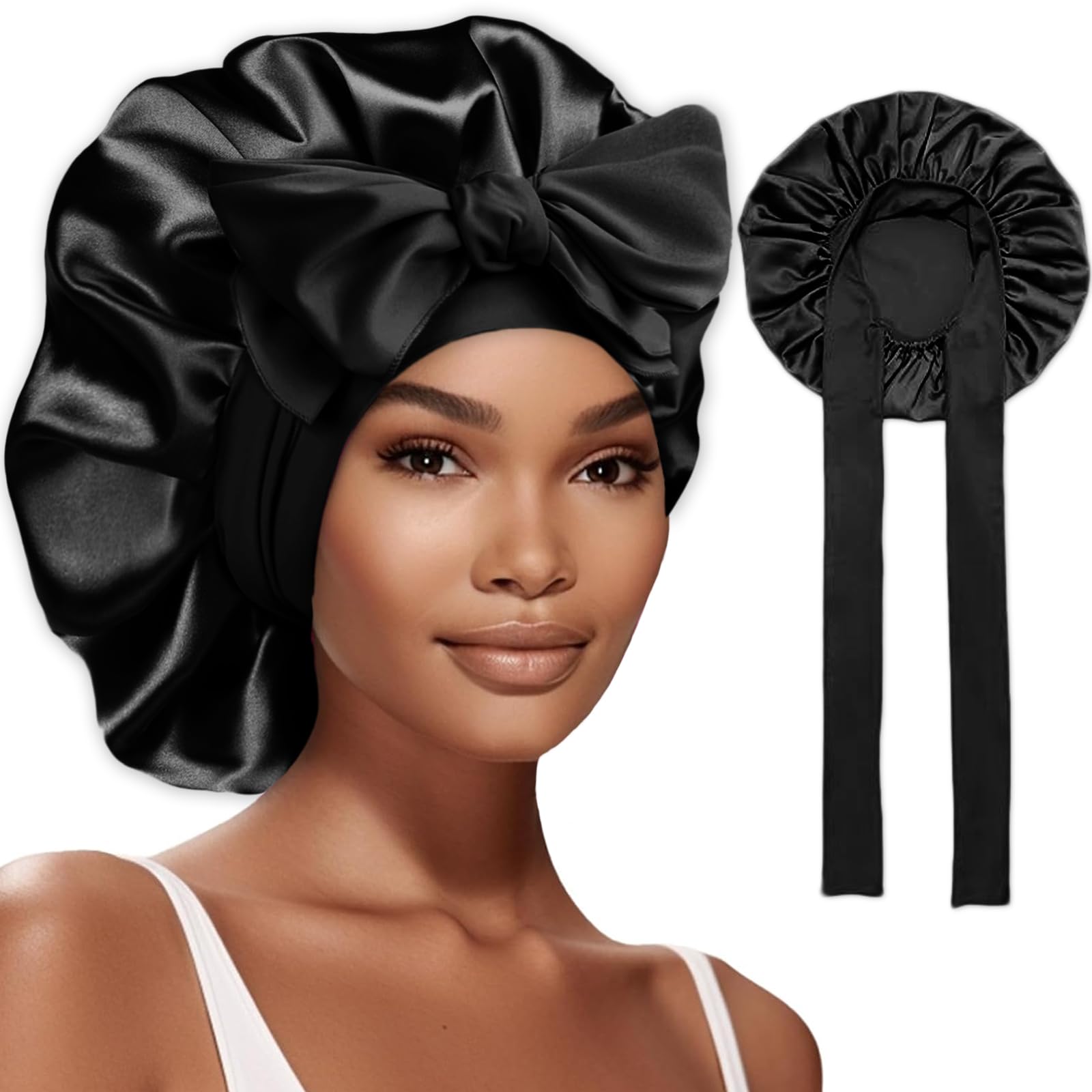 NICECONE Large Satin Bonnet Silk Bonnet for Sleeping Silky Sleep Cap with Elastic Tie Jumbo Sleeping Cap with Adjustable Wide Soft Bands Night Cap for Women Girls Curly Hair (Black)
