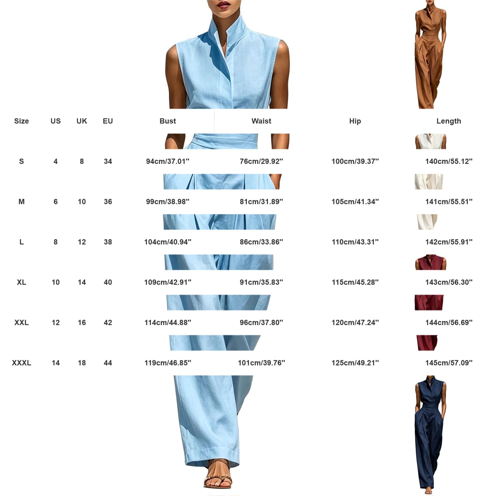 Generisch Tuta da donna elegante, estiva, senza maniche, per il lavoro | Tuta con pantaloni con tasche, tinta unita, colletto alto, tuta intera, a vita alta, a gamba larga, per matrimoni e feste